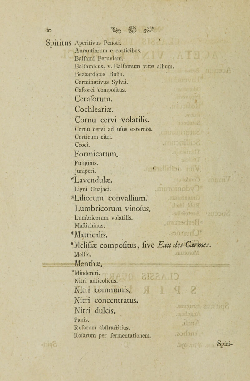 SpiritUS Aperitivus Penoti. Aurantiorum e corticibus. Balfami Peruviani. Balfamicus, v. Balfamum vitae album. Bezoardicus Bullii. Carminativus Sylvii. Caltorei compofitus. Ceraforum. Cochlearia. Cornu cervi volatilis. Cornu cervi ad ufus externos. Corticum citri. Croci. Formicarum, Fuliginis. Juniperi. ( *Lavendulas. Ligni Guajaci. ^Liliorum convallium. Lumbricorum vinofus. Lumbricorum volatilis. Maftichinus. ^Matricalis. . f * *Melif& compofitus, five Eau des Carmes. Mellis. Menthas, *M inderer i. Nitri anticolicus. Nitri communis. Nitri concentratus. Nitri dulcis, Panis. . i; r n Rofarum abftra&itius. Rofarum per fermentationem.
