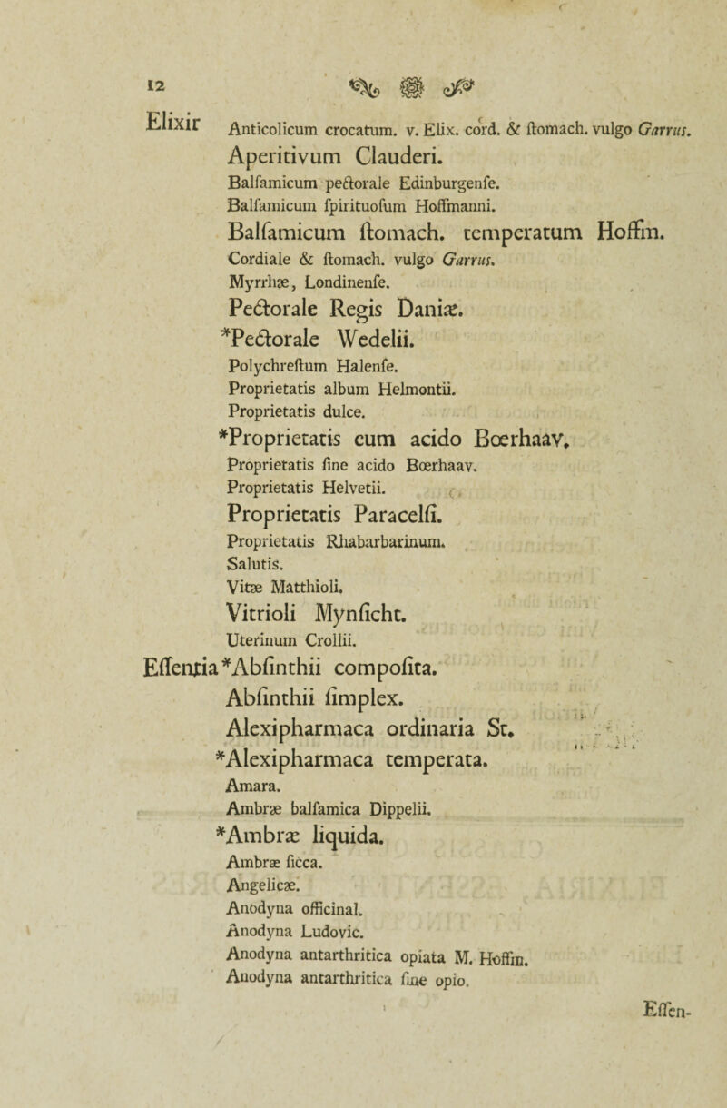 Klixir Anticolicum crocatum, v. Elix. cord. & llomach. vulgo Garrus. Aperitivum Clauderi. Balfamicum peftorale Edinburgenfe. Balfamicum fpirituofum Hoffmanni. Balfamicum ftomach. temperatum Hoffm. Cordiale & ftomach. vulgo Garrus. Myrrhae, Londinenfe. Pedorale Regis Danite. *Pedor ale Wedelii. Polychreftum Halenfe. Proprietatis album Helmontii. Proprietatis dulce. ^Proprietatis cum acido Boerhaav. Proprietatis fine acido Boerhaav. Proprietatis Helvetii. Proprietatis Paracelfi. Proprietatis Rhabarbarinum. Salutis. Vitae Matthioli. Vitrioli Mynficht. Uterinum Crollii. Effentia*Abfinthii compofita. Abfinthii fimplex. Alexipharmaca ordinaria St* *Alexipharmaca temperata. Amara. Ambrae balfamica Dippelii. *Ambrse liquida. Ambrae ficca. Angelicae. Anodyna officinal. Anodyna Ludovic. Anodyna antarthritica opiata M. Hoffm. Anodyna antarthritica fine opio. t EflTcn-