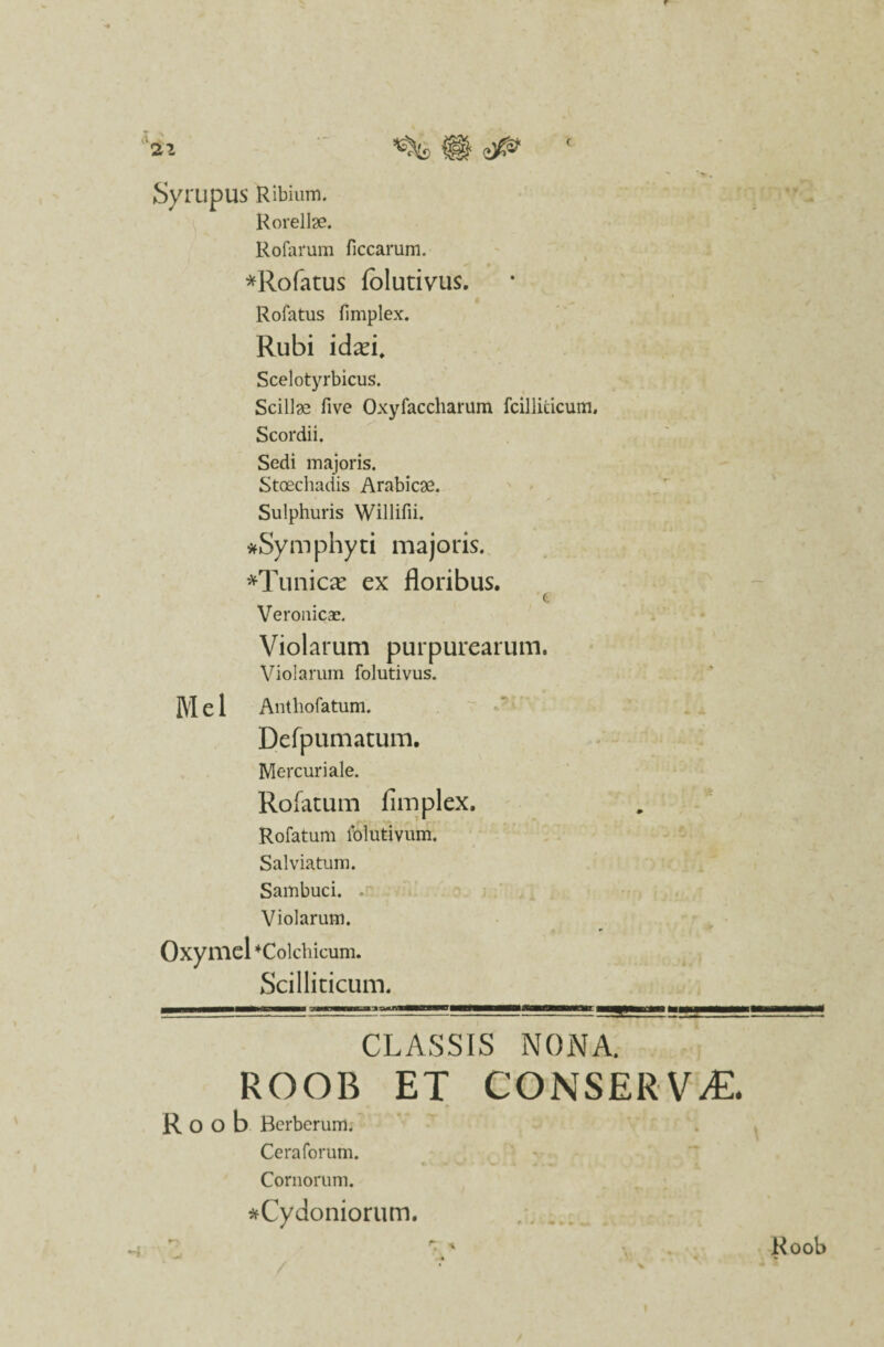 Syrupus Ribium. Rorellae. Rofarum ficcarum. *Rofatus folutivus. Rofatus fimplex. Rubi idxi. Scelotyrbicus. Scillae five Oxyraccharum fcillicicum. Scordii. Sedi majoris. Stoechadis Arabicae. Sulphuris Willifii. #Symphyti majoris. ♦Tunicae ex floribus. c. Veronicae. Violarum purpurearum. Violarum folutivus. Mei Antliofatum. Defpumarum. Mercuriale. Rofatum fimplex. Rofatum lblutivum. Salviatum. Sambuci. . Violarum. Oxymel ^Colchicum. Scilliticum. CLASSIS NONA. ROOB ET CONSERVA. R 0 O b Berberum. Cera forum. & * • w- Cornorum. ^Cydoniorum.