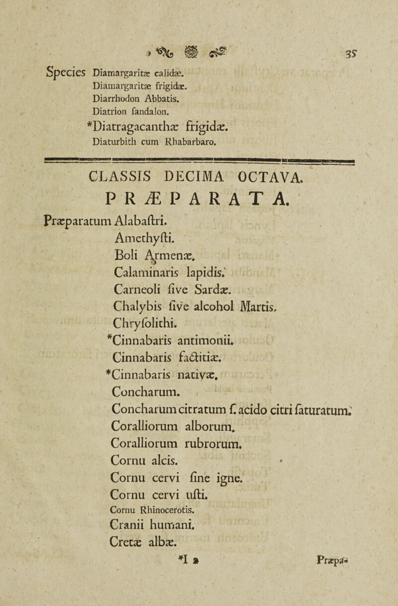 C? ) Species Diamargaritse calidae. Diamargaritae frigidae. Diarrhodon Abbatis. Diatrion fandalon. *Diatragacantha: frigidae Diaturbith cum Rhabarbaro. 3$ CLASSIS DECIMA OCTAVA. praeparat a. ' I / . •• • _ .< Prasparatum Alabaftri. ' Amethyfti. Boli Armenas, Calaminaris lapidis.’ Carneoli five Sard^. Chalybis live alcohol Martis, Chryfolichi. ^Cinnabaris antimonii. Cinnabaris faditiar. ^Cinnabaris nativa Concharum. Concharum citratum C acido citri faturatum. Coralliorum alborum. Coralliorum rubrorum. Cornu alcis. Cornu cervi fine igne. Cornu cervi ufti. Cornu Rhinocerotis. Cranii humani. Cretas albas. *I » Praepa-