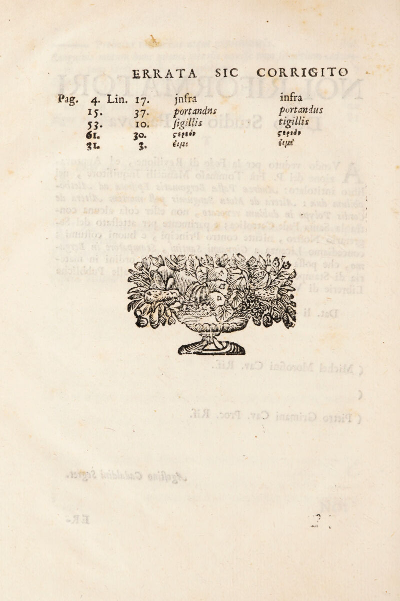 CORRIGITO \ ERRATA SIC Pag. 4» Lia. 17. jnfra 15. 37. portandus 53. 10. figi Ilis 6im 30. infra portandus tigillis ispt'