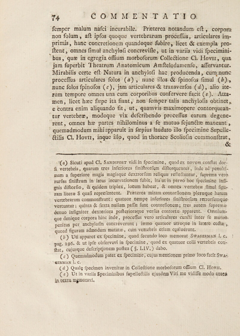 femper malum nafci incurabile. Prbterea notandum efl:, corpora: non folum, afl ipfos quoque vertebrarum proceffus, articulares im¬ primis > hanc concretionem quandoque fubire, Meet & exempla pro¬ flent, omnes fimul anchylofi concrevifle, ut in variis vidi fpecimini- bus, qu9B in egregiaoflium morboforum Colle£lione Ci. Hovii, qua jam fuperbit Theatrum Anatomicum Amftelcdamenfe, affervantur. Mirabilis certe efl Natura in anchylofi hac producenda, cura^nunc proceffus articulares folos (a) , nunc illos & fpinofos fimul (^) , 'nunc folos fpinofos (r), jam articulares & transverfos (d), alio ite¬ rum tempore omnes una cum corporibus confer vere, facit (e). Atta¬ men, licet hoec faepe ita fiant, non femper talis anchylofis obtinet, e contra enim aliquando fit, ut, quamvis maximdpere contorquean- ' tur vertebrae, modoque vix deferibendo proceffus earum degene¬ rent, omnes hae partes nihilominus a fe mutuo fejunftse maneant, quemadmodum mihi apparuit in faepius laudato illo fpecimine Supelle- ’ flilis Cl. Hovir, inque iJlo, quod in thorace ScoHofin commonflrac, & Sicuti apud CI. Sandifort vidi.in fpecimine, quod ex novem condat dor- fi vertebris, quarum tres inferiores finidrorfum didorquentur, inde ad penulti- niam a fuperiore magis magisque dextrorfum reliquas reflefluntur, fuprema vero xurfus dnidrum in latus Incurvationem fubit, ita'utin parvo hoc fpecimine infi- gnis didorfio, & quidem triplex, loGum habeat, & omnes vertebra dmul figu»- , ram liter^ S quafi reprefentent. Prosterea miram contordonem plersque harum vertebrarum commondrant; quatuor nempe inferiores finidrorfum rctrorfumque’ vertuntur; quinta & fexta nullam padsc funt contordonem; tres autem fuprema denuo infigniter dexteriora poderioraque verfus contortas- apparent. Omnium- que denique corpora hinc inde, procedus vero articulares eundi inter fe mutuOf penitus per ancbylodn concreverunt ; immo quatuor utroque in latere coda quoad figuram admodum mutata, cum veiitebris etiam cgaluerunt. (Z;) Uti apparet ex fpecimine, quod fecundo loco memorat Swagerman I. c. ! pag. 295. & ut ipfe obfervavi in fpecimine, quod ex quatuor coili vertebris con» dat, cujusque defcriptjonem podea ( J. LIV. ) dabo. (r ) Quemadmodum patet ex fpecimine, cujus mentionem primo loco facit Swa4 ' fCERMAN 1. c. (d_) Qualg fpecimen invenitur in CoIIedione morboforum odium CI. Hovii. Qe) Ut in variis Speciminibus fupellediiis ejusdem Viri me. vidide.modp antei Iji, textu m|mor^yi.