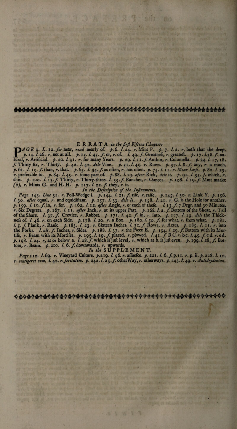 '■ ■> ■ , ' • ■ „ 1 , l.,l |i » ) . T . .<> ,4. '• • , c- ' ' * id. * . V* U t ERRATA in the firjl fifteen Chapters PAGE 3. Z. 12. for near, read nearly of. p. 6. /. 24. r. Mint F. p. 7. /. 2. both that the deep. p. 14. /. 26. r. not at all. p. 15. /. 45. f. or, r. of. /. 49. f. Greatnefs, r. greateft. p. 17. l.^S.f na¬ tural, r. Artificial, p. 20. /. 31. r. for many Years, p. 29. l.w.f Author, r. Columella, p. 34.1. 17,18. / Thirty-fix, r. Thirty, p. 42. /. 42. dele Vine-, p. 51./. 45. r. Rows. /. 57. l.t.f any, r. a much. /. 61. /. 15./ than, r. that. /. 65. /. 34. / as often, r. has often, p. 75. /. 11. r. Moar-Loofc. p.%z. 1. 29. r. preferable to. p. 84. /. 45. r. fome part o£ p. 88. /. 29. after Rick, dele it. p. 91. / 55. /. which, r. this. p. 100. /. 13Thirty, r. Thirty-three. /. 35.f Bunches, r. Ounces, p. 108. /. 19./ Mint markt (b)t r. Mints G. and H. H. p. 117. 1. 22. f. they, r. it. In the Description of the Infruments. Page. 143. Line 31. r. Poll-Wedge i. p. 144. /. 21. /. rife, r. raife. f. 145. /. 30. r. Link Y. p. 156. /. 30. after equal, r. and cquidiftant. p. 157. /. 33. dele k. p. 158. /. 21. r. G. is the Hole for another. /. 159. /. 10. f. in, r. for. /. 162, /. 12. after Angle, r. ot each of thefe. /. 13./? 7 Degr. and 30 Minutes, r. Six Degrees, f. 167. /. 11. after Inch, r. at its upper Part. p. 168. /. 2. f. Bottom of the Sheat, r. Tail of the Share. /. 37. f. Crevice, r. Rabbet p. 171. /. 42. f in, r. into. p. 177. /. 19. dele the Thick- nefs of. /. 46. r. on each Side. p. 178. /. 20. r. a Box. p. 180. /. 50. f. for what, r. from what. p. 181. /. 5./Plank, r. Rank. /. 183. /. 23. r. Sixteen Inches. /. 32./ Rows, r. Acres, p. 185. /. 11. r. into the Forks. 1. ult. f. Inches, r. Sides, p. 188. /. 37. r. the Piece E. p. 194. /. 29. / Bottom with its Mor- tife, r. Beam with its Mortifes. p. 195. /. 19. f placed, r. plowed. /. 41. f. B C. r. bc. /. 45. fcd.r.ed. p. 198. /. 24. r, at or below a. /. 28./ which is*juft level, r. which at b. is juft even. p. 199. /. 28. / Bot¬ tom, r. Beam. p. 200. /. 6. f. downwards, r. upwards. In the SUPPLEMENT. Page 112. /. 69. r. Vineyard Culture. /.219. h 56. r. affuefce. p. 221. 1. 6./p.ii. /. p. ii. p. 228. /. 10. r. contigeret eum. 1.42. r.feritatem. p. 242. /. 25./ otherWay,r. otherways. />. 243. /. 49. r. Antidrjdenian. \