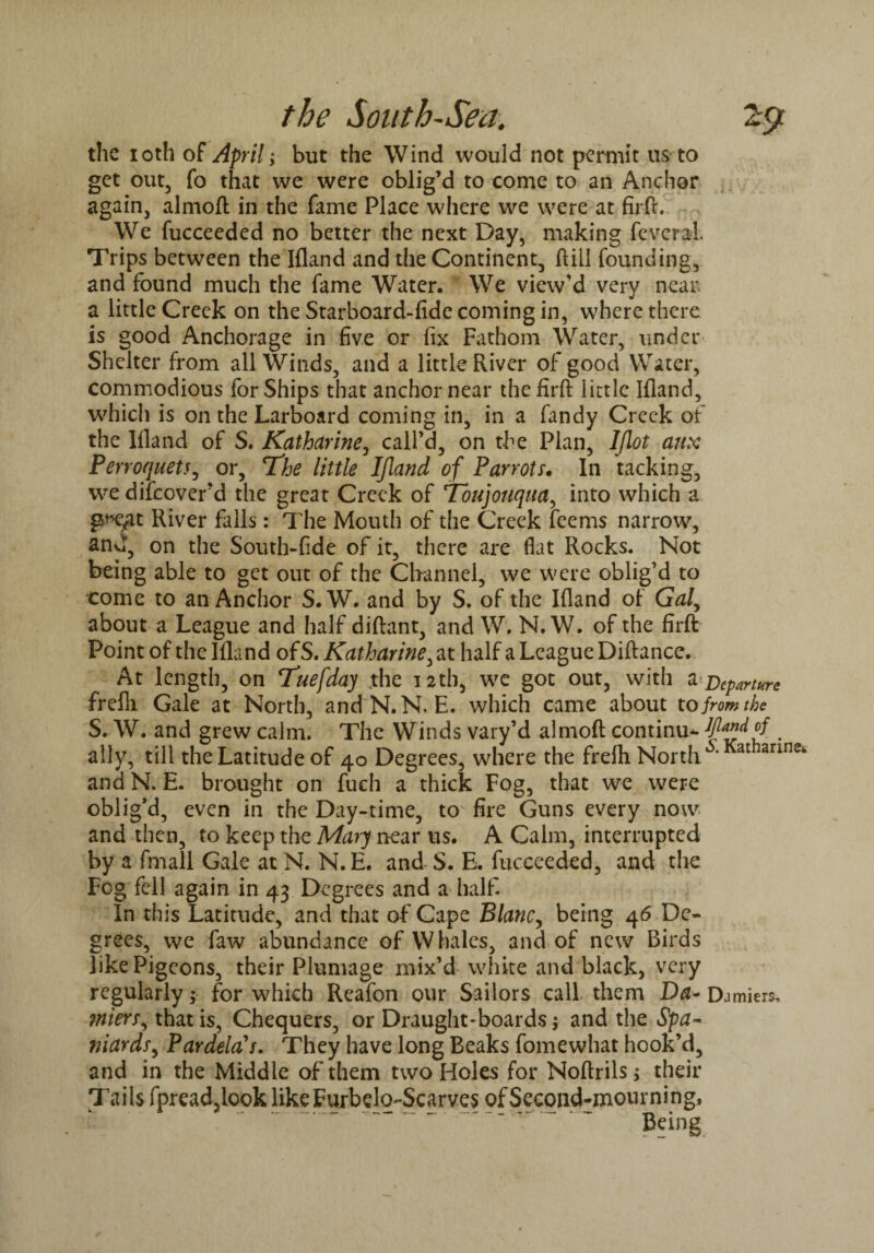the ioth of April; but the Wind would not permit us to get out, fo that we were oblig’d to come to an Anchor again, almoft in the fame Place where we were at firft. We fucceeded no better the next Day, making fevcral Trips between the Ifland and the Continent, dill founding, and found much the fame Water. We view'd very near a little Creek on the Starboard-fide coming in, where there is good Anchorage in five or fix Fathom Water, under Shelter from all Winds, and a little River of good Water, commodious for Ships that anchor near the firft little Ifland, which is on the Larboard coming in, in a fandy Creek of the Ifland of S. Katharine, call’d, on the Plan, IJlot aux Perroqueu, or, The little Ifland of Parrots. In tacking, we difcover’d the great Creek of Toujouqua, into which a g^t River falls: The Mouth of the Creek feems narrow, anJ, on the South-fide of it, there are flat Rocks. Not being able to get out of the Channel, we were oblig’d to come to an Anchor S. W. and by S. of the Ifland of Galy about a League and half diftant, and W. N. W. of the firft Point of the Ifland of S. Katharine, at half a League Diftance. At length, on Tuefday .the 12th, we got out, with a Departure frefli Gale at North, and'N.N. E. which came about to from the S. W. and grew calm. The Winds vary’d almoft continu*- . ally, till the Latitude of 40 Degrees, where the frefh North * at arinc“ and N. E. brought on fuch a thick Fog, that we were oblig’d, even in the Day-time, tos fire Guns every now and then, to keep the Mary near us. A Calm, interrupted by a fmall Gale at N. N.E. and S. E. fucceeded, and the Fog fell again in 43 Degrees and a half In this Latitude, and that of Cape Blanc, being 46 De¬ grees, we faw abundance of Whales, and of new Birds like Pigeons, their Plumage mix’d white and black, very regularly $ for which Reafon our Sailors call them Da- Djmiers, miersy that is, Chequers, or Draught-boards; and the Spa- ?tiardsy Pardela's. They have long Beaks fomewhat hook’d, and in the Middle of them two Holes for Noftrils > their Tails fpread,look like Eurbelo-Scarves of Second-mourning, Being