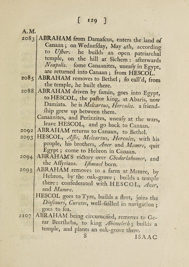 A.M. 2083 2085 2088 f 2092 2093 2094 2°95 ABRAHAM from Damafcus, enters the land of Canaan ; on Wednefday, May 4th, according to UJher, he builds an open patriarchal temple, on the hill at Sichem : afterwards Neapolts. fome Canaanites, unealy in Egypt, are returned into Canaan ; from HESCOL. ? ABRAHAM removes to Bethel; fo call’d, from the temple, he built there. ABRAHAM driven by famin, goes into Egypt, to HESCOL, the paftor king, at Abaris, now Damiata. he is Melcartusy Hercules. a friend- fhip grew up between them. Canaanites, and Perizzites, uneaiy at the wars, leave HESCOL, and go back to Canaan. ABRAHAM returns to Canaan, to Bethel. HESCOL, AfftSy Melcartusy Hercules, with his people, his brothers, Aner and Mamre, quit Egypt ; come to Hebron in Canaan. ABRAHAM’S vidtory over Chederlahomery and the Affyrians. IJhmael born. ABRAHAM removes to a farm at Mamre, by Hebron, by'the oak-grove ; builds a temple there : confederated with HESCOL, Anery and Mamre. HESCOL goes to Tyre, builds a fleet, joins the Diofcouriy Curetesy well-fkilled in navigation ; goes to fea. ABRAHAM being circumcifed, removes to Ge- rar Beerfheba, to king Autmelech, builds a temple, and plants an oak-grove there. S ° ISAAC