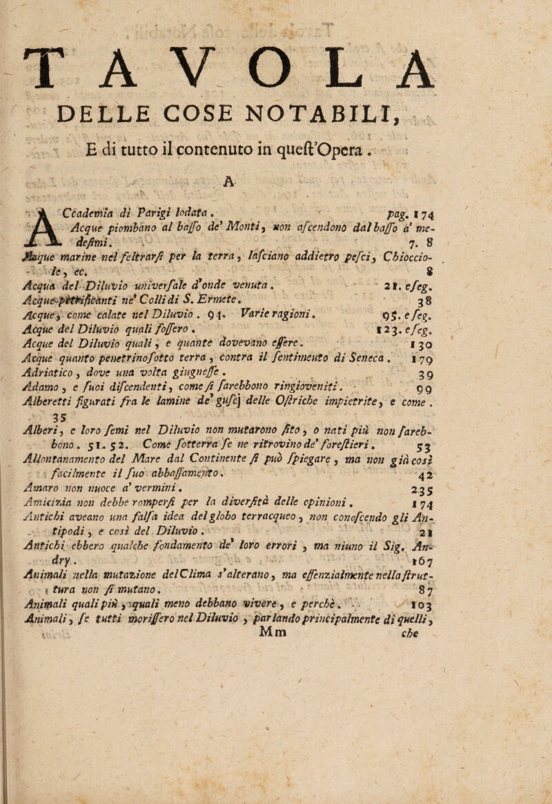 / T A V O A DELLE COSE NOTABILI, ' • ' ' \ • ‘ ! ' ■ * E di tutto il contenuto in queft’Opcra. Ccademia dì Parigi lodata. pag. 174 Acque piombano al baffo de' Monti) non offendono dal baffo a' me - de fimi. 7. $ Maque marine nel feltrar fi per la terra9 Infoiano addietro pefci, Chioccio¬ li:* ec, 8 Acqua del Diluvio univerfale d onde venuta. 21, efeg. Acque-pètHficanti ne* Collìdi $. Ermete. 38 Acque* come calate nel Diluvio . 94’ Varie ragioni» Q$*efeg. Acque del Diluvio quali foffero » 123. e/èg. Acque del Diluvio quali, è quante dovevano e fiere. 1 30 Acque quanto penetrino folto terra 3 cantra il fent imeni 0 di Seneca . 179 Adriatico , una volta gìugneffe . gg Adamo5 e fuoi difendenti) come fi farebbono ringiovcniti. - gg Alberetti figurati fra le lamine de guff] delle Oflricbe impietrite* e come . 35 . ' * ' ; Alberi ? e femì nel Diluvio non mutarono fito* 0 «ari più non fareb¬ bono . 51*52. Come fotterrà ff ne ritrovino de' foreflierì. 53 Allontanamento del Mare dal Continente fi pub [piegare, ima già così facilmente il fuo abbaffamento. 42 Amaro non nuoce a' vermini. 2,35 AmìùTÀa non debbe romperfi per la diverfità delle opinioni . I 74 Antichi aveano una falfa idea del globo terracqueo ^ non conofcendo gli An¬ tìpodi 3 <? Diluvio. 21 Antichi ebbero qualche fondamento de1 /orp errori 3 ma nìuno z7 Jry. 167 Animali nella mutazione delCUma s'alterano 5 ma effenzìalmente nella/Ir ut- ». farà non mutano. ► , ' §7 Animali quali piò squali meno debbano vìvere * e perchè. » 10 3 Animali, /e tutti mori fiero nel Diluvio 3 parlando principalmente dì quelli* v Mm 1 . /