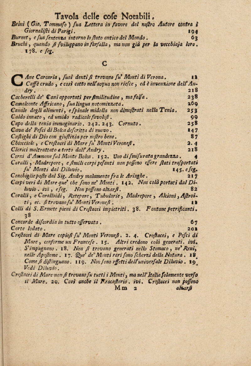 Brini ( Giù. Tommafo ) fua Lettera in favore del noflro, Autore tùntra i Giornalìjlì di Parigi. 194 Burnet, e fua fe utenza intorno io flato antico del Mondo, 63 Bruchi y quando fi fviluppano in farfalla y ma non già per la vecchiaja loro* 178. e feg. c Ane Canaria, fuoì denti fi trovano fu* Monti dì Verona. il Caffè crudo , e così cotto nell'acqua non riefee y ed è invenzione dell'An- déy. 218 238 269 253 99 258 *47 87 2. 4 2l8 4 Cacherelli de' Cani apportati per fimìlìtudìne, ma falfa* Camaleonte Africano y fua lìngua notomizzata * Canale degli alimenti, e [pinate midolla non dimo/lrati nella Tenia• Cd/do innato , ed «twzdo radicale favolo fi. Capo della tenia immaginario. 242.243. Cornuto » Cava de' Pe/èz di Bolcadefcritta di nuovo . Caflighi di Dio con giufiiziaper noflro bene* Chiocciole y e Croflacei di Mare fu Monti Veronefi* Clerici maltrattato a torto dall' Andry . Corni d'Ammone fui Monte Polca » 152. Uno di fmifurata grandezza. Coralli y Madrepore, e fimili corpi pefanti non pofono efere flati trafportatì fu* Monti dal Diluvio. MS* Conchiglie pofle dal Sig. Andry malamente fra le Aringhe. 217 Cer/>z veri di Mare que* che fono né* Monti . 14 2. Non colà portati dal Di¬ luvio . ivi y e feg. Non peffono alzar fi. 82 Coralli y e Coralloidi y Jletepore , Tubularie y Madrepore y Alcioni } Aflroi- ti y ec. fi trovano fu MontiVeronefi. Il Colli di S. Ermete pieni di Croflacei impietriti. 38. Pùntane parificanti » 38 Concorde difcordia in tutto effervata . 67 Corte lodato. , 201 Crtftacei dì Mare copiofi fu Monti Veronefi, 2. 4. Croflacei y e Pefci di Mare y conforme un Francefe . 1$. Altri credono colà generati, ivi* S* impugnano. 18. Non fi trovano generati nello Stomaco y né* Reniy nelle Apofleme . 17. Que* de* Monti rari fono fcherzi della Natura . 18 Come fi diftinguano .119. Non /cno effetti dell* univerfale Diluvio. 19 a Vedi Diluvio. Croflacei di Mare non fi trovano fu tutti i Monti 3 ma nell* Italia folamcntc verfo il Mare. 20. Così anche il Kracaflorio. ivi. Croflacei non pofieno M m 2 alkarfl /