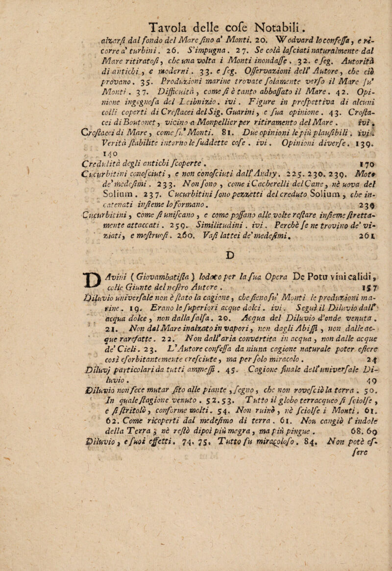 alzar fi dal fondo del Mare fino a' Monti. 20. W odvard locùvfeffa , e ri- corre a' turbini. 26. S'impugna . 27. Se ce/i laf ciati naturalmente dal Mare ritirai0fi, che una volta i Monti inondale . 32. e/eg. Autorità di antichi , e moderni . 33. e /èg. Qffervazioni dell' Autore 5 c£e aè provano. 35. Produzioni marine trovate folamente verfo il Mare ]u9 Monti. 37. Difficuità , come fi è tanto abboffato il Mare , 42. 0/>z- wiewc ìngegnofa del Leibnizio. zv/. Figure in prcfpettìva di alcuni celli coperti di Crcflacei delSig* Guarini, e fua opinione . 43. Crofia- cei di Bout aneti vicino a Monpellier per ritiramento del Mare . ivi. C roflacei di Mare, come fi\* Monti. 81. Due opinioni le pili plaufibili . ivi i Verità ftabiìite intorno le [addette cofe . ivi. Opinioni diverfe. 139» 140 Credulità degli antichi [coperte . 1 70 Cucyrbitini ccncfcìnti, e wcw conofciuti dall'Andry. 2251. 230. 239. Mef# de* medefimi. 233. Non fono , come ì Cacherelli del Cane y nè uova del So Imm , 23 7. Cucurbitini fono pezzetti del creduto Salinai , c/>e in¬ catenati infieme lo formano. 239 Cucurbitini, come fiunifeano 5 e cerne pojfano alle volte reflar e infieme fretta- mente attaccati. 279, Similitudini . ivi. Perchè fe ne trovino de' vi- zìatiy e moflmofi. 260. Va fi lattei de'me de fimi* 2ól D DA vini (Giovambatijla) lodato per la fua Opera De Poto vini ca lidi * colie Giunte deinefèro Autore * i£ 7 Diluvio univerfale non è flato la cagione, che fieno fu Monti le produzioni ma¬ rine . 19. Frano le fuperiori acque dolci. ivi, Seguì il Diluvio dall* acqua dolce y non dalla falfa, 20. Acqua del Diluvio d'onde venuta. 21. Non dal Mar e inalzato in vapor ì ) non dagli Abiffi , zjcw dalle ac¬ que rarefatte. 22. Ai;/ dall*aria convertita in acqua y non dalle acque de'Cieli. 23. L*Autore confo fa da ninna cagione naturale poter e fiere così eforbitantemente e refe iute, ma per folo miracolo . 24 Diluvj particolari da tutti amtneffi , 45,, Cagione finale de lì* univerfale Di¬ luvio . ' 49 Diluvio non fece mutar filo alle piante y fogno ? che non rovefciola terra . 50, /» quale flagione venuto . 52.53. ‘Tutto il globo terracqueo fi feiolfc y e fi[tritolo, conforme molti * 54. ZVew mino , 7; è fciolfe i Monti . 6i„ 62. CWe ricoperti dal me defimo di terra. 61. Afra cangio l'indole della Terra i nè reflo dipoi più magra, ma piti pingue . 68. 69 Diluvio 3 tfuoi effetti. 74. 75, Tutto fu miralo lofio. 84. Non potè ef* fere > \ *'• '• *' a ì >■ .< . ' ' r ' ' • r - . ^
