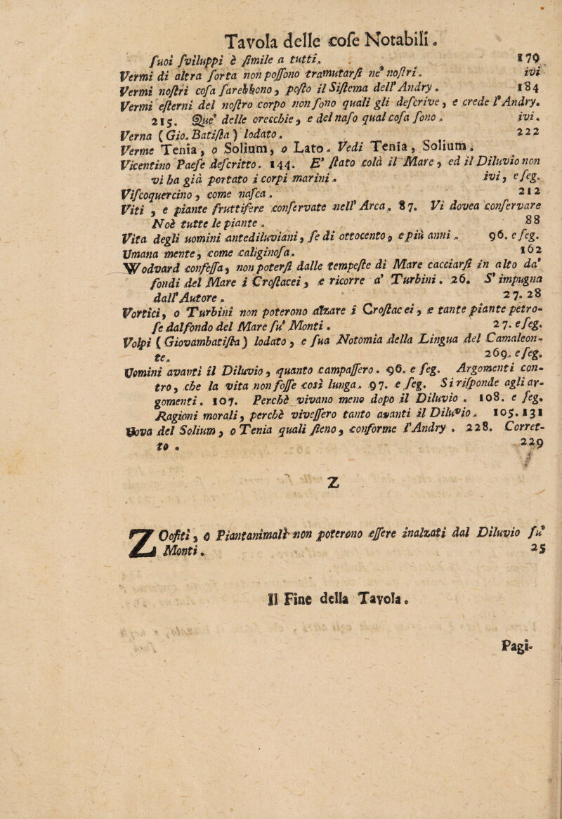 fuoi [viluppi è fimile a tutti. . ^ I70_ Vermi dì altra forta non poffono tramutar fi ni noflri, M Vermi noflri cofa [arehkono 3 poflo il Sificma dell Andry a 1^4 Vermi efterni del noflro corpo non fono quali gli deferivo, e crede f Andry. 215. §Zue delle orecchie * e del nafo qual cofa fono ; ivi, Verna (Gio.Batifla) lodato, 222 Ferme Tenia, o Solium, ^ Lato. Vedi Tenia, Solium, Vicentino Paefe deferiteo, 144. £’ *<>/« il Mare * e<* // Diluvio non vi ha già portato i corpi marini » v j Vifcoquercino , eome Htf/ca « 212 Fifi 3 e piante fruttìfere conferiate nell'Arca, «7. Fi sfavai confervare Noè tutte le piante, ^ Vita degli uomini antediluviani, fe di ottocento $ e piu anni, 96. ejeg. Umana mente, come calìginofa, *62 Wodvard confejfa, non poter fi dalle tempefie di Mare cacciar fi in alto da fondi del Mare i Croftacei, * ricorre a’ Turbini » .26. S'impugna dall* Autore* 27,28 Vortici , 0 Turbini non poterono alzare i Crofiacei, e tante piante petro- fe dal fondo del Mare fu Monti • 2 7* e/cg* Volpi ( Giovambatifb) lodato 3 e fua Notomia della Lingua del Camaleone te* 2óq* e feg. Uomini avanti il Diluvio 3 campajfero. 96, e feg. Argomenti con- fro, ,c£e /a vita non foffe così lunga. 97* e /eg. Sirifponde agli ar¬ gomenti , 107. Perchè vìvano meno dopo il Diluvio . 108 . e /cg. Ragtimi morali, perchè vivejfero tanto avanti il Diluvio, 105.131 Wova del Solium % 0 Tenia quali fieno $ conforme l'Andry , 228. Corret¬ to . 229 è ■ * $*jjpOofìtì% 0 Pìantanimali non poterono cjfere inalzati dal Diluvio fu Monti. T 11 Fine della Tavola. 4. -> f, V Pagi-