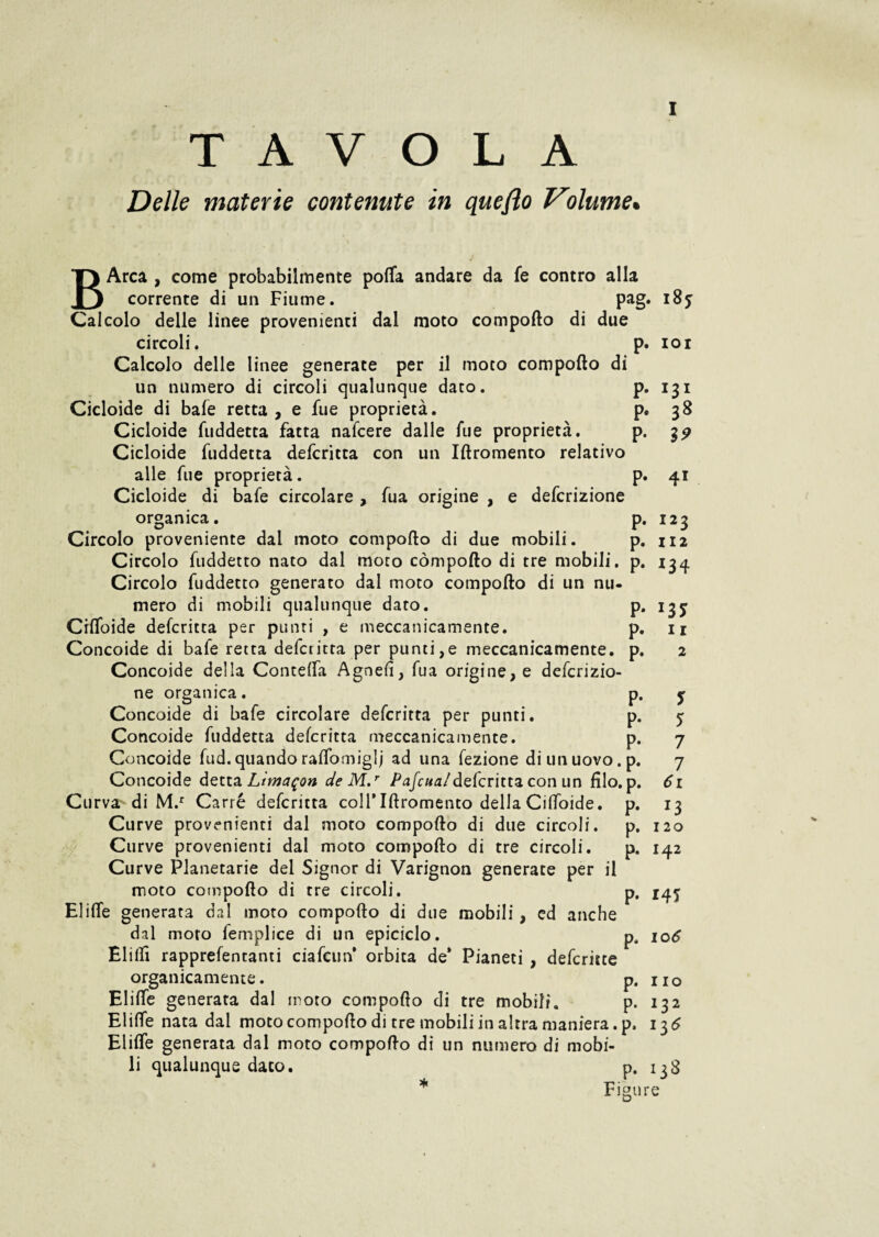 TAVOLA Delle materie contenute in queflo Vilume. BArca , come probabilmente polla andare da fe contro alla corrente di un Fiume. pag. 185 Calcolo delle linee provenienti dal moto comporto di due circoli. p. 101 Calcolo delle linee generate per il moto comporto di un numero di circoli qualunque dato. p. 131 Cicloide di bafe retta, e fue proprietà. p. 38 Cicloide fiiddetta fatta nafcere dalle fue proprietà. p. 39 Cicloide fuddetta defcricta con un Iftromento relativo alle fue proprietà. p. 41 Cicloide di bafe circolare , fua origine , e definizione organica. p. 123 Circolo proveniente dal moto comporto di due mobili. p. 112 Circolo fuddetto nato dal moto comporto di tre mobili, p. 134 Circolo fuddetto generato dal moto comporto di un nu¬ mero di mobili qualunque dato. p. 13j Cidoide defcritta per punti , e meccanicamente. p. n Concoide di bafe retta defctitta per punti,e meccanicamente, p. 2 Concoide della Contelfa Agnefi, fua origine, e defcrizio¬ ne organica. p. j Concoide di bafe circolare defcritta per punti. p. 5 Concoide fuddetta defcritta meccanicamente. p. 7 Concoide fud. quando raftomiglj ad una fezione di un uovo. p. 7 Concoide detta Limaqon de M.r Pafcua/crittaconun filo. p. 61 Curv^diM.r Carré defcritta coll* Iftromento della Cilfoide. p. 13 Curve provenienti dal moto comporto di due circoli, p. 120 Curve provenienti dal moto comporto di tre circoli. p. 142 Curve Planetarie del Signor di Varignon generate per il moto comporto di tre circoli. p, 145 Elide generata dal moto comporto di due mobili , cd anche dal moro femplice di un epiciclo. p. 106 Eliifi rapprefentanti ciafeun* orbita de* Pianeti , defcritte organicamente. p. no Elide generata dal moto comporto di tre mobili. p. 132 Elide nata dai moto comporto di tre mobili in altra maniera. p. 136 Elide generata dal moto comporto di un numero di mobi¬ li qualunque dato. p. 138 * Figure