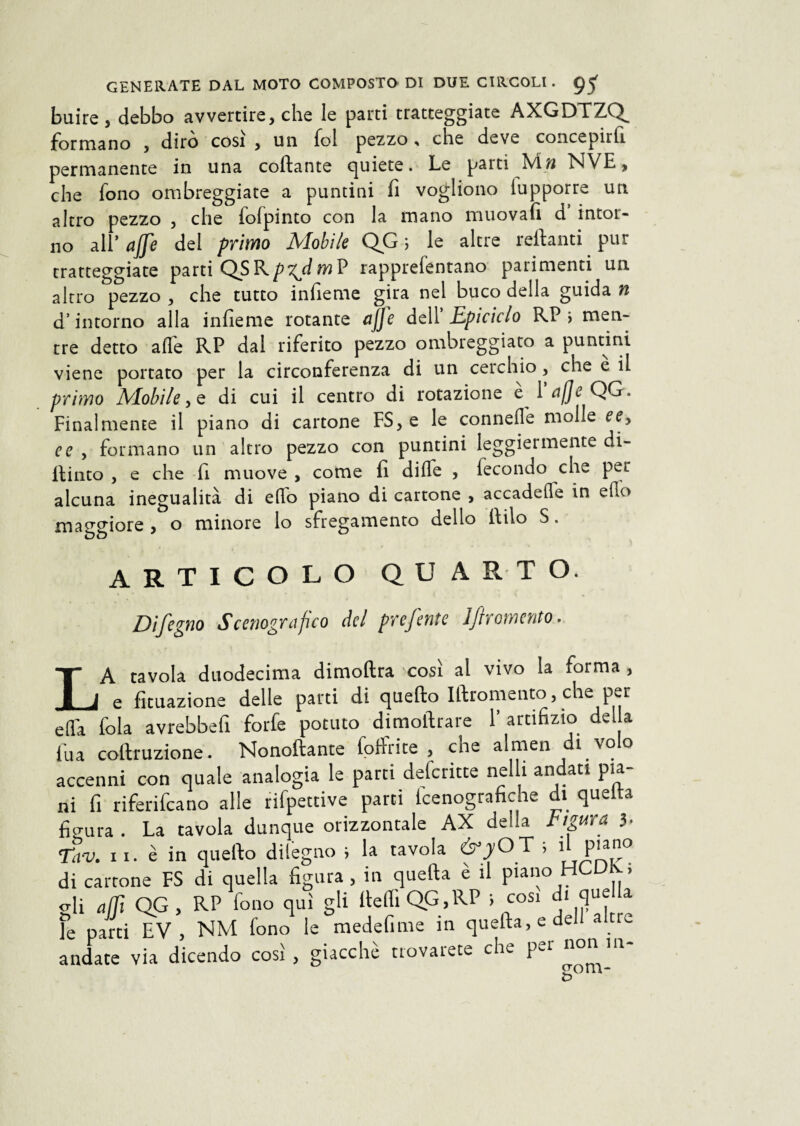 buire, debbo avvertire, che le parti tratteggiate AXGDTZQ^ formano , diro cosi , un fol pezzo ^ cne deve concepirli permanente in una collante quiete. Le parti NVE, che fono ombreggiate a puntini fi vogliono fupporre un altro pezzo , che fofpinto con la mano muovali d intor¬ no all* ajfe del primo Mobile QG ; le altre reftanti pur tratteggiate parti QSKp^jìmV rapprefentano parimenti un altro pezzo , che tutto infieme gira nel buco della guida n d’intorno alla infieme rotante ajj'e dell’ Epiciclo RP i men tre detto affé RP dal riferito pezzo ombreggiato a puntini viene portato per la circonferenza di un cerchio, che e il primo Mobile, q di cui il centro di rotazione e 1 cif]e QG. Finalmente il piano di cartone FS, e le connefle molle ee, ce , formano un altro pezzo con puntini leggiermente di¬ lli nto , e che fi muove, come fi dille , fecondo che per alcuna inegualità di elio piano di cartone , accadere in dio madore , o minore lo sfregamento dello llilo S. £>o ^ ARTICOLO QUARTO. Difegno Scenografico del preferite JJìromento. LA tavola duodecima dimoftra così al vivo la forma , e fituazione delle patti di quello Illromento, che per ella fola avrebbefi forfè potuto dimollrare 1’ artifizio della fu a coftruzione. Nonoftante foffrite , che almen di volo accenni con quale analogia le parti delcritte nel li andati pia¬ ni fi riferivano alle rifpettive parti Icnografiche di quella figura . La tavola dunque orizzontale AX della figura }> Td-v. xi. è in quello dilegno ; la tavola &yOT , i P'a° di cartone FS di quella figura, in quella è il piano HCU. , oli affi QG, RP fono qui gli lteflì QG,RP i cosi d. quella fe parti EV , NM fono le medefime in quella, e dell altre andate via dicendo così , giacche ttovarete che p-1 ^°^ul Ó