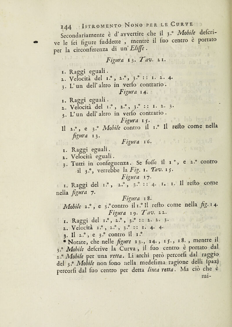 Secondariamente è d'avvertire che il 3.0 Mobile defcn- ve le fei figure l'uddette , mentre il luo centro e portato per la circonferenza di un E/iffe . Figura 13. Tav. zi. 1. Raggi eguali. z. Velocità del i.°> z.° > 3.0 1 ' 1. z. 4. 3. L’un dell’altro in verfo contrario. Figura 14. 1. Raggi eguali. z. Velocità del i.° > z.°, 3.0 :: 1. 2,. 3. 3. L’un dell’altro in verfo contrario. Figura 1 5. Il i.°, e 3.0 Mobile contro il i.° Il retto come nella figura 13. Figura 1 6. 1. Raggi eguali. z» Velocità eguali. 3. Tutti in conleguenza. Se folle il 1 , e 2. contro il 3.°, verrebbe la Fig. 1. Tal). iy. Figura 17. r. Raggi del i.°, z.°, 3-° : : 4- *• 11 reft° come nella figura 7. Figura 1 8. Mobile z.°, e 3.0contro il 1.° Il retto come nella fig. 1 4. Figura 19. f av. zz. 1. Raggi del i.°j z.° y 3.0 :: z. z. 3. z. \ e ì oc ita 1. 5 2. , 3* • • t • 4* 4* 3. Il 2.0, e 3.0 contro il i.° * Notate, che nelle figure 13., i4*> 1 5- 5 1 ^• 5 mentre il 3.0 Mobile deferive la Curva, il fuo centro e portato dal 2.0 Mobile per una retta. Li archi però percorfi dal raggio del 3.0 Mobile non fono nella medefima ragione delli ipazj percorfi dal fuo centro per detta linea retta. Ma ciò che è mi-