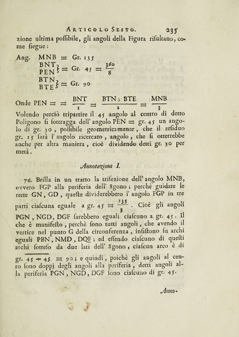 Artico lo Sesto. 235- zione ultima potàbile, gli angoli della Figura rifulcano, co- ine fiegue : An^. < u MNB — Gr. 13 ; BNT PEN BTN BTE ì Gr. Gr. 4 5 =5 90 8 Onde PEN =3 BNT BTN > BTE MNB 1 2 3 Volendo perciò tripartire il 45 angolo al centro di detto Poligono fi fottragga dell’ angolo PEN =3 gr. 45 un ango¬ lo di gr. 30, pollìbile geometricamente, che il refiduo gr. 1 j farà 1’ angolo ricercato , angolo , che fi otterrebbe anche per altra maniera , cioè dividendo detti gr. 30 per metà. Annotazione 1. 76. Brilla in un tratto la trifezione dell* angolo MNB, ovvero FGP alla periferia dell’ Sgono ; perchè guidate le rette GN, GD , quelle dividerebbero l’angolo FGP in tre parti ciafcuna eguale a gr. 45 =3 . Cioè gli angoli $ 1 PGN , NGD, DGF farebbero eguali ciafcuno a gr. 45 . Il che è manifefto , perchè fono tutti angoli, che avendo il vertice nel punto G della circonferenza , infillono fu archi eguali PBN, NMD , DQF -, ed efletido ciafcuno di quelli archi fottelo da due lati dell’ Sgono , ciafcun arco è di gr, 4y -h 45 =3 90 ; e quindi, poiché gli angoli al cen- ro fono doppj degli angoli alla periferia , detti angoli al¬ la periferia PGN , NGD, DGF lono ciafcuno di gr. 45* Anno •