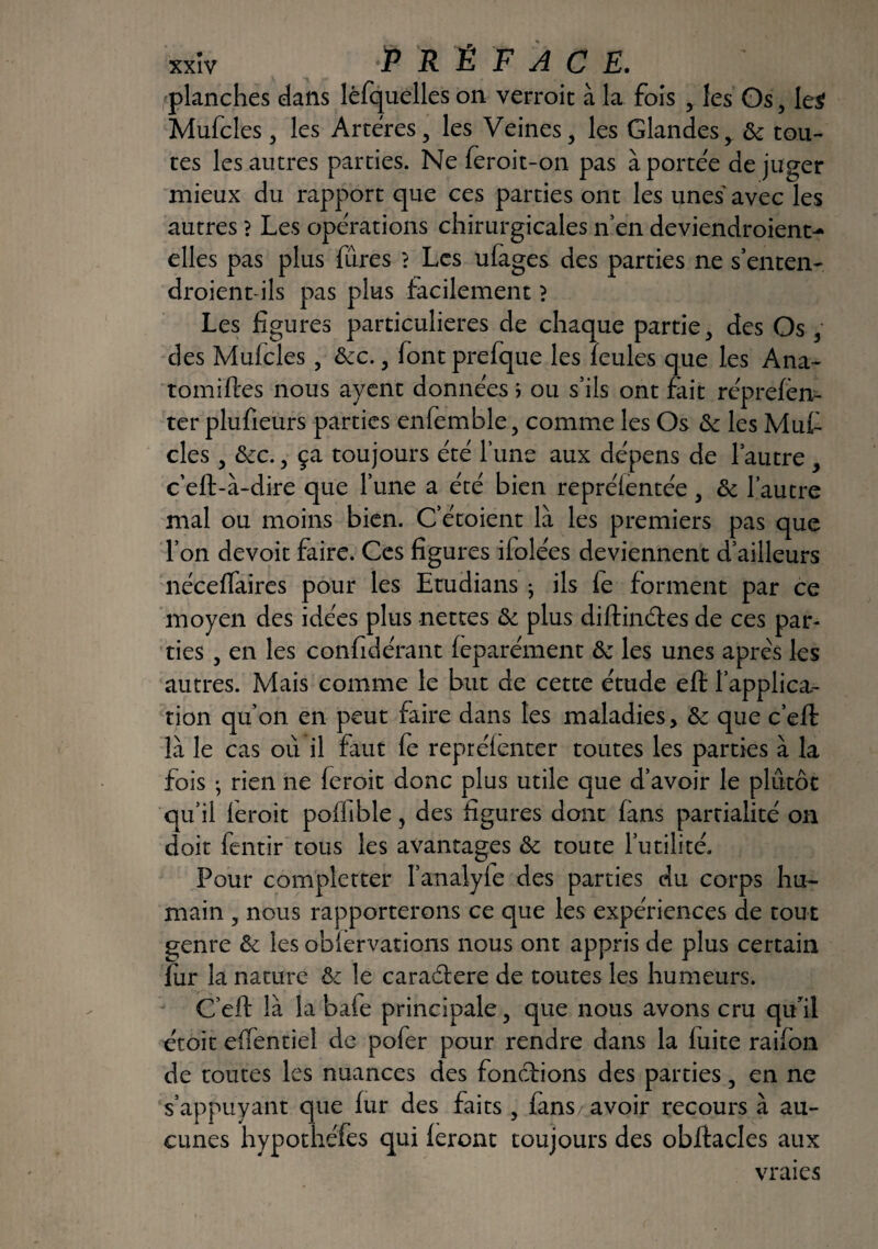 xxîv ‘Préface. 'planches dans lèfquelles on verroit à la fois , les Os, le$ Mufcles , les Artères, les Veines, les Glandes, de tou¬ tes les autres parties. Ne feroit-on pas à portée dejuger mieux du rapport que ces parties ont les unes avec les autres ? Les operations chirurgicales n en deviendroient- elles pas plus fûres ? Les ufages des parties ne s’enten- droient-ils pas plus facilement ? Les figures particulières de chaque partie, des Os , des Mufcles, dec., font prefque les feules que les Ana- tomiftes nous ayent données ; ou s’ils ont fait réprefèn- ter plufieurs parties enfemble, comme les Os de les Mut clés , dec., ça toujours été l’une aux dépens de l’autre , c’eft-à-dire que l’une a été bien repréientée, de l’autre mal ou moins bien. C’étoient là les premiers pas que l’on devoit faire. Ces figures ifolées deviennent d’ailleurs néceffaires pour les Etudians ; ils le forment par ce moyen des idées plus nettes de plus diftinéfes de ce s par¬ ties , en les confidérant feparément de les unes apreNs les autres. Mais comme le but de cette étude efl l’applica¬ tion qu’on en peut faire dans tes maladies, de que c’eft là le cas où il faut fe repréfenter toutes les parties à la fois • rien ne feroit donc plus utile que d’avoir le plutôt qu’il feroit poffible, des figures dont fans partialité on doit fentir tous les avantages de toute l’utilité. Pour completter l’analyfe des parties du corps hu¬ main , nous rapporterons ce que les expériences de tout genre de les obiervations nous ont appris de plus certain lùr la nature de le caradfere de toutes les humeurs. C’efl: là la baie principale, que nous avons cru qu’il étoit efientiel de pofer pour rendre dans la fuite raifon de toutes les nuances des fonctions des parties, en ne s’appuyant que fur des faits , fans avoir recours à au¬ cunes hypothéfes qui feront toujours des obftacles aux vraies