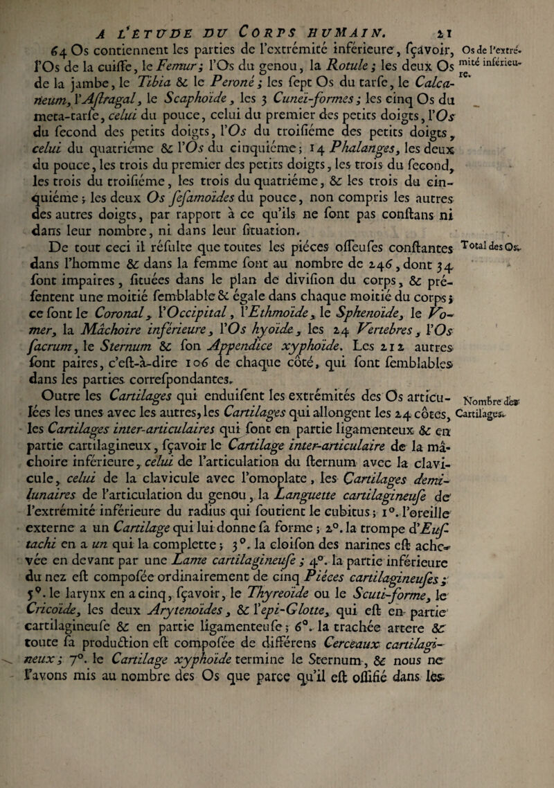 64 Os contiennent les parties de lcxtrémité inférieure, fçavoir, Os de l’entré. l’Os de la cuiffe, 1 c. Femur ; l’Os du genou, la Rotule ; les deux Os mféneu. de la jambe, le Tibia 8c le Péroné ; les fept Os du tarfe, le Calca- neum, Y Aflragal 3 le Scaphoïde , les 3 Cuneï-formes ; les cinq Os du meta-tarfe, celui du pouce, celui du premier des petits doigts, Y Os du fécond des pecits doigts, l’Os du troifiéme des petits doigts, celui du quatrième &; l’Os du cinquième; 14 Phalanges, les deux du pouce, les trois du premier des petits doigts, les trois du fécond, les trois du troifiéme, les trois du quatrième, &: les trois du cin¬ quième j les deux Os fefamoïdes du pouce, non compris les autres des autres doigts, par rapport à ce qu’ils ne font pas conftans ni dans leur nombre, ni dans leur fituation. De tout ceci il réfulte que toutes les pièces offeufes confiantes Totai des Qs* dans l’homme &; dans la femme font au nombre de 146, dont 34, font impaires, fituées dans le plan de divifion du corps, 8c pré- fentent une moitié femblable& égale dans chaque moitié du corps, ce font le Coronal ¥ Occipital, Y Ethmoide x le Sphénoïdey le Vo- mer, la Mâchoire inférieure , l’Os hyoïde y les 24 Vertebres , l’Os facrum^ le Sternum 8c fon Appendice xyphoïde. Les 111 autres font paires, c’eft-à-dire 106 de chaque côté, qui font femblables dans les parties, correfpondantes. Outre les Cartilages qui enduifent les extrémités des Os articu- Nom&redb* Iées les unes avec les autres, les Cartilages qui allongent les 24 côtes. Cartilages les Cartilages inter-articulaire s qui font en partie ligamenteux 8c en partie cartilagineux, fçavoir le Cartilage inter-articulaire de la mâ¬ choire inférieure, celui de l’articulation du fternum avec la clavi¬ cule , celui de la clavicule avec l’omoplate, les Cartilages demi- lunaires de l’articulation du genou, la Languette cartilagineufe deJ l’extrémité inférieure du radius qui foutient le cubitus ; i°. l’oreille externe a un Cartilage qui lui donne fa forme ; 20. la trompe d’Euf tachi en a un qui la complette ; 3 la cloifon des narines eft ache=r vée en devant par une Lame cartilagineufe ; 40. la partie inférieure du nez eft compofée ordinairement de cinq Pièces cartilagineufes;‘ 3Q.le larynx en a cinq, fçavoir, le Thyreoïde ou le S cuti forme, le' Cricoïde, les deux Aryténoïdes, 8c Yepi-Glotte, qui eft en-partie' cartilagineufe 8c en partie ligamenteufe ; 6°. la trachée artere &r toute fa production eft compofée de différens Cerceaux cartilagi¬ neux ; 70. le Cartilage xyphoïde termine le Sternum , 8c nous ne l’avons mis au nombre des Os que parce qu’il eft oftifié dans lés-