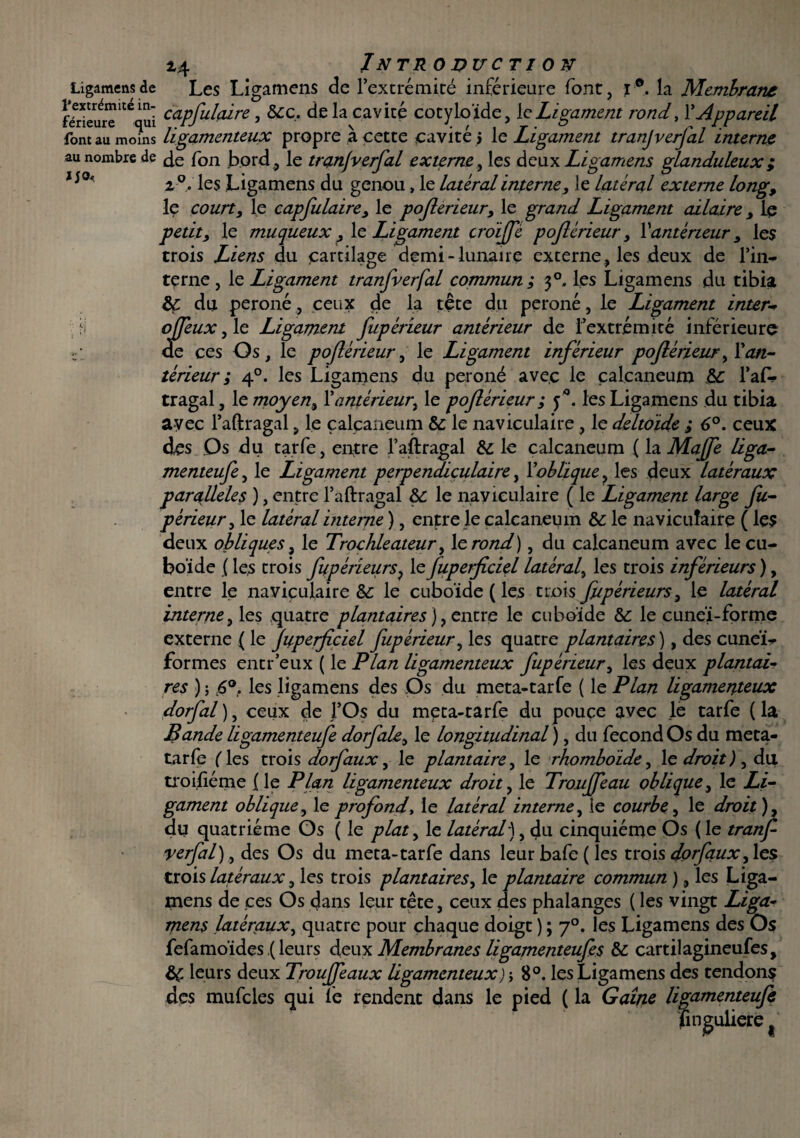 Ligamens de Les Ligamens de l’extrémité inférieure font, i®. la Membrane fSeiimitC Ti capfu^re j ^c* delà cavité cotyloïde, le Ligament rond, Y Appareil font au moins ligamenteux propre à cette cavité ; le Ligament tranjverfal interne au nombre de fon bord, le tranjverfal externe, les deux Ligamens glanduleux; 2 °, les Ligamens du genou, le latéral interne, le latéral externe long; le court, le capfulaire, le pofterieur, le grand Ligament ailaire, le petit, le muqueux, le Ligament croïfe poférieur, Y antérieur, les trois Liens du cartilage demi-lunaire externe, les deux de l’in¬ terne , le Ligament tranfverfal commun; 30. les Ligamens du tibia &: du péroné, ceux de la tête du péroné, le Ligament inter- ojfeux, le Ligament fupérieur antérieur de l’extrémité inférieure t: de ces Os, le poférieur, le Ligament inférieur poférieur, Y an¬ térieur ; 40. les Ligamens du péroné avec le calcanéum & YaC* tragal, le moyen, Y antérieur, le poférieur ; f. les Ligamens du tibia avec l’aftragal, le calcaneum &: le naviculaire, le deltoïde ; 6°. ceux des Os du tarfe, entre l’aftragal & le calcaneum ( la Majfe liga- menteufe, le Ligament perpendiculaire, Y oblique, les deux latéraux parallèles ), entre l’aftragal le naviculaire ( le Ligament large fu¬ périeur, le latéral interne ), entre le calcaneum & le naviculaire ( les deux obliques, le Trochleateur, le rond), du calcaneum avec le cu¬ boïde ( les trois fupérieurs, le fuperficiel latéral, les trois inférieurs ), entre le naviculaire & le cuboïde ( les trois fupérieurs, le latéral interne, les quatre plantaires) ,entre le cuboïde &: le cuneï-forme externe ( le Juperfciel fupérieur, les quatre plantaires ), des cunéi¬ formes entr’eux ( le Plan ligamenteux fupérieur, les deux plantai¬ res ) ; 6°, les ligamens des Os du meta-tarfe ( le Plan ligamenteux dorfal ), ceux de l’Os du meta-tarfe du pouce avec le tarfe ( la Bande ligamenteufe dorfale, le longitudinal ), du fécond Os du meta- tarfe (les trois dorfaux, le plantaire, le rhomboïde, le droit),d\l troisième (le Plan ligamenteux droit, le Troujfeau oblique, le Li¬ gament oblique, le profond, le latéral interne, ie courbe, le droit), du quatrième Os ( le plat, le latéral), du cinquième Os ( le tranf yerfal), des Os du meta-tarfe dans leur bafe( les trois dorfaux, les trois latéraux, les trois plantaires, le plantaire commun ), les Liga- mens de ces Os dans leur tête, ceux des phalanges ( les vingt Liga¬ mens latéraux, quatre pour chaque doigt ) ; 70. les Ligamens des Os fefamoïdes,( leurs deux Membranes ligamenteufes & cartilagineuses, àç leurs deux Troufeaux ligamenteux) ; 8°. les Ligamens des tendons des mufcles qui fe rendent dans le pied ( la Gaine ligamenteufe Singulière
