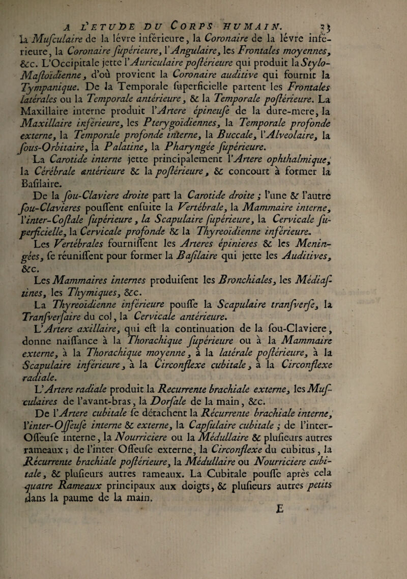 A F E T U ï> E DU CORPS HUMAIN. 53 la Mufculaire de la lèvre inférieure, la Coronaire de la lèvre infé¬ rieure, la Coronaire fupêrieure, l’Angulaire, les Frontales moyennes3 6cc. L’Occipitale jette l’Auriculairepoflérieure qui produit X&Stylo- Mafloidienne3 d’où provient la Coronaire auditive qui fournit la Tympanique. De la Temporale fùperficielle partent les Frontales latérales ou la Temporale antérieure 3 6c la Temporale pojlérieure. La Maxillaire interne produit Y Anere épineufe de la dure-mere, la Maxillaire inférieure3 les P terygoïdiennes 3 la Temporale profonde externe, la Temporale profonde interne, la Buccale3 l’Alvéolaire, la fous-Orbitaire 3 la Palatine3 la Pharyngée fupêrieure. La Carotide interne jette principalement Y Anere ophthalmique % la Cérébrale antérieure 6c la poflérieure, 6c concourt à former la Bafîiaire* De la fou-Claviere droite part la Carotide droite ; l’une 6c l’autre fou-Clavieres pouffent enfuite la Vertébrale3 la Mammaire interne3 Y inter-Coflale fupêrieure 3 la Scapulaire fupêrieure3 la Cervicale fi- petficielle, la Cervicale profonde 6c la Thyreoidienne inférieure,. Les Vertébrales fourniüent les Aneres épinier es 6c les Ménin¬ gées 3 fe réuniffent pour former la Bafilaire qui jette les Auditives9 &cc. Les Mammaires internes produifent les Bronchiales3 les Médiaf tines, les Thymiques3 6cc. La Thyreoidienne inférieure pouffe la Scapulaire tranfverfe3 la Tranfvetfaire du co!, la Cervicale antérieure. L'Anere axillaire3 qui eft la continuation de la fou-Claviere, donne naiffance à la Thorachique fupêrieure ou à la Mammaire externe3 à la Thorachique moyenne 3 a la latérale poflérieure3 à la Scapulaire inférieure 3 à la Circonflexe cubitale 3 à la Circonflexe radiale. L’Artere radiale produit la Recurrente brachiale externe3 les Mufl culaires de l’avant-bras, la Dorfale de la main, Scc. De Y Artere cubitale fe détachent la Récurrente brachiale interne3 l’inter-OJfeufe interne 6c externe3 la Capfulaire cubitale ; de i’inter- Offeufe interne, la Nourricière ou la Médullaire 6c plufieurs autres rameaux ; de l’inter Offeufe externe, la Circonflexe du cubitus, la Récurrente brachiale poflérieure3 la Médullaire ou Nourricière cubi¬ tale 3 6c plufieurs autres rameaux. La Cubitale pouffe après cela quatre Rameaux principaux aux doigts, 6c plufieurs autres petits dans la paume de la main. E