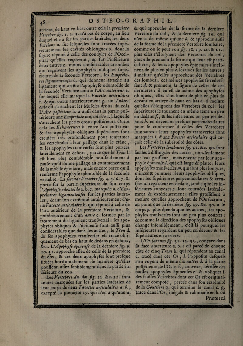 43 OSTE O-G arriéré, de haut en bas; outre cela la première Vertebre fig. i. *■ 3- n’a pas de corps, au lieu duquel elle a fur les parues latérale? les deux Portions a. fur lefquelles font tracées fupé- rieurcmcnt les cavités oblongues b. donc la fip-ure répond à celle des condyles de l’Qcci- pital qu'elles reçoivent , & fur l'inférieure deux autres c. moins confidérables arrondies qui reçoivent les apophyfes obliques fupé- rieures de la fécondé Vertébré ; les Emprein¬ tes ligament eu fes df qui donnent attache au ligament qui arrête l’apophyfe odontoïde de la fécondé Vertebre contre l’Arc antérieur e. fur lequel elle marque la Facette articulaire f. 8c qui porte antérieurement g. un Tuber- cule où s'attachent les Mufcles droics du col ; L’Arc pojlérieur h. a aufli dans la partie pof- térieure une Empreinte mujculaire i. à laquelle s'attachent les petits droits poftérieurs. Outre cela les Echancrures k. entre l’arc poftérieur & les apophyfes obliques fupérieures font creufées tres-profondément pour renfermer les vertebrales à leur paflage dans le crâne , & les apophyfes tranfverfes font plus portées latéralement en dehors , parce que le Trou 1. eft bien plus confrdérable non-feulement à caufe qu’il donne paflage au commencement de la moelle épinicre , mais encore parce qu'il renferme l’apophyfe odontoïde de la fécondé vertebre. La fécondé Vertebre fig. 4, 5. 6. 7. ÿ. porte fur la partie fupérieure de foo corps l’Apophyfe odontoïde a. b.c. marquée a. à’Em~ preintres ligamenteufes fur les parties latéra¬ les , & fur fon extrémité antérieurement d’u¬ ne Facette articulaire b. qui répond à celle de l’arc antérieur de la première Vertebre , & poftérieurement d’un autre c. formée par le frottement du ligament tranfverfal ; fes apo¬ phyfes obliques & l’épineufe font aufli plus confidérables que dans les autres , le Trou d. de fes apophyfes tranfverfes eft tracé obli¬ quement de bas en haut de dedans en dehors, &c.. L’Apophyfe épineufe de la dernierc fig. 9. 10. 11. approche aflez de celle de la première du (&s , & ces deux apophyfes font prefquc fituées horifontalement de manière qu’elles pouffent aflez fenfiblem.ent dans la païtie in¬ férieure du cou. Les Vertebres du dos fig. 11. &c. zi. font toutes marquées fur les parties latérales de leur corps de deux Facettes articulaires a. b., excepté la première 17. qui n'en a qu’une a. R A P H I E, & qui approche de la forme de la derniere Vertebre du col, & la derniere fig. 15». qui n’en a de même qu'une b. 8c approche aufli de la forme de la première Vertebre lombaire, comme onle peut voir fig. 1 S. 19. zo. 8c zi. ; plus elles s’éloignent des Vertebres du col, plus elle prennent la forme qui leur eft parti¬ culière , 8c leurs apophyfes épineufes s'incli¬ nent de plus en plus c. les unes fur les autres ; à mefure qu'elles approchent des Vertebres des lombes , ces mêmes apophyfes fe redref- fent d. 8c prennent la figure de celles de ces dernieres : il en eft de même des apophyfes obliques , elles s’inclinent de plus en plus de devant en arriéré de haut en bas e. à mefure qu'elles s’éloignent des Vertebres du col ; les fupérieures fe tournent en même cems un peu en dedans f., 8c les inférieures un peu en de¬ hors h. en devenant prefque perpendiculaires pour fe conformer à celles des Vertebres lombaires ; leurs apophyfes tranfverfes font marquées i. d’une Facette articulaire qui re¬ çoit celle de la uibérolité des côtés. Les Vertebres lombaires fig. %z. 8cc. 30. font faciles à diftinguer des autres , non-feulement par leur grofleur, mais encore par leur apo- phyfe épineufe l. qui eft large &'plartc; leurs apophyfes tranfverfes m. qui font plus longues, minces'& pointues ; leurs apophyfes obliques, dont les fupérieures perpendiculaires 8c creu- fpes n. regardent en dedans, fandis que les in¬ férieures conyexes a font tournées latérale¬ ment 8c extérieurement : elles grofliflent à mefure qu’elles approchent de l’Os facrum , au point que la derniere fig. 17. 8cc. 30. a le corps p. plus étendu que les autres , fes apo¬ phyfes tranfverfes font un peu plus courtes ; & comme la direétion des apophyfes obliques change infenfiblement , c’eft là pourquoi les inférieures regardent un peu en devant & les fupérieures en arriéré. L'Os facrum fig. 31. 3Z. 33., concave dans fa face antérieure a. b. ; eft percé de chaque côté de cinq Trous b. qui répondent au canal c. tracé dans cet Os , à l’oppofite defquels s’en voyent de même dix autres d. à la partie poftérieure de l’Os e. f., convexe, hériflee des faufles apophyfes épineulés e. 8c obliques f. des faufles Vertebres dont cet Os eft originai¬ rement compofé , percée dans fon extrémité de fa Gouttière g. qui termine le canal c. g. rracé dans l'Os, inégale 8c raboteufe en h. où Prætereà