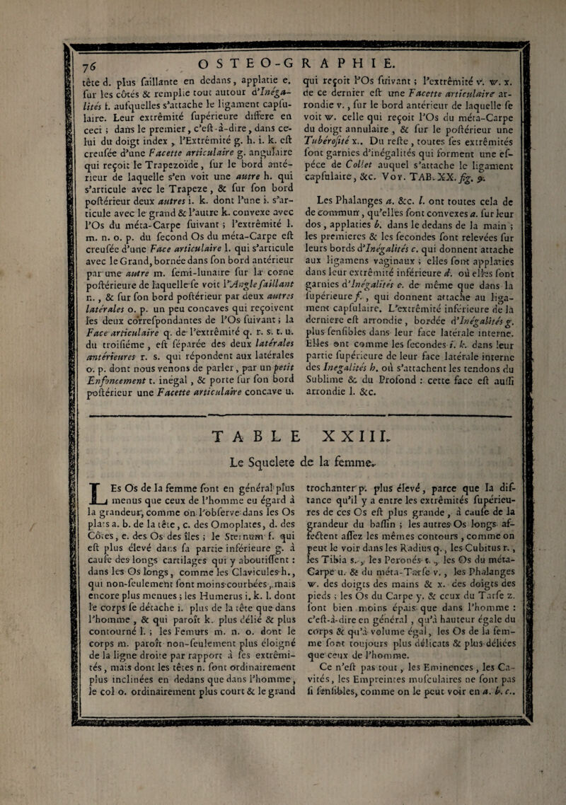 76 OSTEO-G tête d. plus Taillante en dedans, applacie e. fur les côtés & remplie tout autour d’inéga¬ lités h auxquelles s’attache le ligament caplù- laire. Leur extrémité fupérieure différé en ceci ; dafis le premier, c’eft-à-dire , dans ce¬ lui du doigt index l’Extrémité g. h. i. k. eft creufée d’une Facette articulaire g. angulaire qui reçoit le Trapezoïde, fur le bord anté¬ rieur de laquelle s’en voit une autre h. qui s’articule avec le Trapeze, & fur fon bord poftérieur deux autres i. k. dont l’une i. s’ar¬ ticule avec le grand & l’autre k. convexe a-vec l’Os du méta-Carpe fuivant ; l’extrémité 1. m. n. o. p. du fécond Qs du méta-Carpe eft creufée d’une Face articulaire 1. qui s’articule avec le Grand, bornée dans fon bord antérieur par une autre m. femî-lunaire fur la- corne pofférieure de laquelle fe voie Y'Angle faillant n. , & fur fon bord poftérieur par deux autres latérales o. p. un peu concaves qui reçoivent les deux co’rrefpondantes de l’Os fuivant ; la Face articulaire q. de- l’extrémité q. r. s. l. u. du troifiéme , eft leparée des deux latérales antérieures r. s. qui répondent aux latérales o. p. dont nous venons de parler, par un petit Enfoncement t. inégal , & porte fur fon bord poftérieur une Facette articulaire concave u. R A P H I E. qui reçoit lJOs fuivant ; l’extrémité V. w. x. de ce dernier eff une Facette articulaire ar¬ rondie v., fur le bord antérieur de laquelle fe voit v/. celle qui reçoit l’Os du méta-Carpe du doigt annulaire , & fur le poftérieur une Tubérofité x.. Du refte , toutes fes extrémités font garnies d’inégalités qui forment une ef- péce de Collet auquel s’attache le ligament capfulaite, Sic. Voy. TAB.XX. fg. Les Phalanges a. &c. I. ont toutes cela de de commun:, qu’elles font convexes a. fur leur dos , applaties b. dans le dedans de la main ; les premières Si les fécondés font relevées fur leurs bords d'inégalités c. qui donnent attache aux ligamens vaginaux; elles font applaties dans leur extrémité inférieure d\ où elles font garnies d’inégalités e. de même que dans la fupérieure/. , qui donnent attache au liga¬ ment capfulaire. L’extrémité inférieure de la dernière eft arrondie, bordée d’inégalités g. plus fenftbles dans leur face latérale interne. Elles ont comme les fécondés /. k. dans leur partie fupérieure de leur face latérale interne des Inégalités h. où s’attachent les tendons du Sublime & du Profond : cette face eft aufli arrondie 1. &c. TABLE XXIIL Le Squelete de la femme.. LEs Os de la femme font en général plus menus que ceux de l’homme eu égard à la grandeur, comme on l’obferve dans les Os plats a. b. de la tête , c. des Omoplates, d. des Côtes, e. des Os des îles ; le Srei nom f. qui eft plus élevé dar.s fa partie inférieure g. à caufe des' longs cartilages qui y aboutirent : dans les Os longs, comme les Clavicules-h., qui non-feulement font moins courhéesmais encore plus menues ; les Humerus i. k. 1. dont le corps fe décache i. plus de la tête que dans l’homme , & qui paroît k. plus délié & plus contourné 1, ; les Fémurs m. n. o. dont le corps m. paroît non-feulement plus éloigné de la ligne droite par rapport à fes extrémi¬ tés , mais donc les têtes n. font ordinairement plus inclinées en dedans que dans l’homme, le col o. ordinairement plus coure & le grand trochanterp. plus élevé, parce que la dis¬ tance qu’il y a entre les extrémités fupérieu- res de ces Os eft plus grande , à caufe de la grandeur du baftïn ; les autres Os longs- af- rettent aflez les mêmes contours , comme on peur le voir dans les Radius q., les Cubitus r., les Tibia s. * les Péronés-1.., les Os du mét-a- Carpe u. & du méta-Tarfc v., les Phalanges w. des doigts des mains & x. ces doigts des pieds ; les Os du Carpe y. Si ceux du Tarfe z. lont bien moins épais que dans l’homme : c’eft-à-dire en général , qu’à hauteur égale du corps Sc qu’à- volume égal, les Os de la fem¬ me font toujours plus délicats & pLus déhées que ceux de l’homme. Ce n’eft pas tout , les Eminences , les Ca¬ vités, les Empreintes mufculaires ne font pas li fénli-bles, comme on le peut voir en a. b. c..