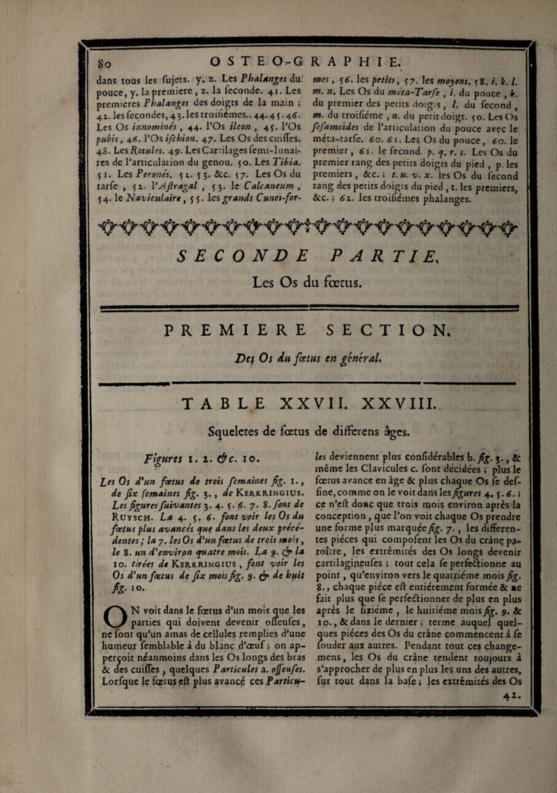 OSTE O-G R A P H I E. So dans tous les fujets. y. z. Les Phalanges du pouce, y. la première , z. la fécondé. 41. Les premières Phalanges des doigts de la main ; 41. les fécondés, 43.les troiliémes.. 44.45.46. Les Os innommés , 44. l’Os ileon , 4^. l’Os pubis, 46. l’Os ifchion. 47, Les Os des cuiffes. 48. Les Rotules. 49. Les Cartilages femi-lunai- res de l’articulation du genou. 50. Les Tibia. 5 r. Les Péronés, f 1. j 3. &c. 57. Les Os du tarfe , 52.. l’yifiragal , 53. le Calcaneum , 54. le Naviculaire, 55. les grands Cunei-for- mes, ^6. les petits, ^7. les moyens. fS. i. h. I. Tn. n. Les Os du meta-Tarfe , i. du pouce , k. du premier des petits doigts, /. du fécond , m. du troifïéme , n. du petitdoigt. fo. Les Os fefamoides de l’articulation du pouce avec le meta-tarfe. 60. 61. Les Os du pouce , 60. le premier, 61 - le fécond, p. y. r. s. Les Os du premier rang des petits doigts du pied , p. les premiers, &c. ; t. u. v. x. les Os du fécond rang des petits doigts du pied , t. les premiers, &c. ; 61. les troiliémes phalanges. SECONDE PARTIE, Les Os du fœtus. PREMIERE SECTION. De; Os du fœtns en général. TABLE XXVII. XXVIII. Squeletes de foetus de differens âges. Figures 1. 1. Ôc. 10. Les Os d’un fœtus de trois femaines fig. 1., de fix femaines fig. 3., de Kerkr,ingius. Les figures fuivantes 3. 4. s • 7. S. font de Ruysch. La 4. f. 6. font voir les Os du fœtus plus avancés <juç dans les deux précé¬ dentes; la 7. les Os d’un fœtus de trois mois, le 8. un d’environ quatre mois. La 9. & la 10. tirées de Kerrringius , font voir les Os d’un fœtus de fix mois fig, & de huit fig• 1 o. N voit dans le fœtus d’un mois que les parties qui doivent devenir offeufes, ne font qu’un amas de cellules remplies d’une humeur femblable à du blanc d’œuf ; on ap- noic néanmoins dans les Os longs des bras ss cuiffes f quelques Particules a. ojfeufes. Lorfque le fqetuseft plus avancé ces Particu¬ les deviennent plus conlidérables b. fig. 3., & même les Clavicules c. font décidées ; plus le fœtus avance en âge & plus chaque Os fe def- fine, comme on le voit dans les figures 4. j. 6. ; ce n’eft donc que trois rqois environ après la conception , que l’on voit chaque Os prendre une forme plus marquée fig. 7., les differen¬ tes pièces qui compofent les Os du crànç pa^ roître, les extrémités des Os longs devenir cartilagipeufes ; tout cela fe perfectionne au point, qu’enyiron vers le quatrième mois fig. 8., chaque pièce eff entièrement formée & ae fait plus que fe perfectionner de plus en plus après le hxiéme , le huitième mois fig. 9. & 10., & dans le dernier ; terme auquel quel¬ ques pièces des Os du crâne commencent à fe fouder aux autres. Pendant tout ces change- mens, les Os du crâne tendent toujours à s’approcher de plus en plus les uns des autres, fur tout dans la bafe ; les extrémités des Os 42.