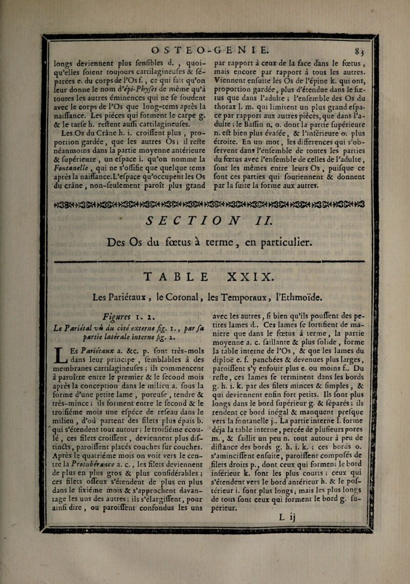 O S T E O longs deviennent plus fenfïbles d. , quoi¬ qu’elles foient toujours cartilagineules 8c ré¬ parées e. du corps de l’Osf., ce qui fait qu’on leur donne le nom à’épi-Phyfes de même qu’à toutes les autres éminences qui ne fe foudenc avec le corps de l’Os que long-rems après la naiffance. Les pièces qui forment le carpe g. & le tarfe h. relient aufïî cartilagineufes. Les Os du Crâne h. i. croiffent plus , pro¬ portion gardée , que les autres Os; il reite néanmoins dans la partie moyenne antérieure & fupérieure , un efpace i. qu’on nomme la Fontanelle , qui ne s’o/fifie que quelque tems après la naiffance.L’efpace qu’occupent les Os du crâne , non-feulement paroîc plus grand GENIE. 8 j par rapport à ceux de la face dans le fœtus , mais encore par rapport à tous les autres. Viennent enfuite les Os de l’épine k. qui ont, proportion gardée, plus d’étendue dans le fœ¬ tus que dans l’adulte ; l’enfemble des Os du thorax 1. m. qui limitent un plus grand efpa¬ ce par rapport aux autres pièces, que dans l’a¬ dulte ; le Balfln n. o. dont la partie fupérieure n. eft bien plus évalée, & l’inférieure o: plus étroite. En un mot, les différences qui s’ob- fervent dans l’enfemble de toutes les parties du fœtus avec l’enfemble de celles de l’adulte , font les mêmes entre leurs Os , puifque ce font ces parties qui foutiennent & donnent par la fuite la forme aux autres. SECTION IL Des Os du fœtus à terme, en particulier. TABLE XXIX. Les Pariétaux , leCoronal, les Temporaux, l’Ethmoïde. Figures i. i. Le Pariétal vû du côté externe fig. i., par fa partie latérale interne fig. i. LEs Pariétaux a. &c. p. font très-mois dans leur principe , femblables à des membranes cartilagineufes ; ils commencent à paroître entre le premier & le fécond mois après la conception dans le milieu a. fous la forme d’une petite lame , poreufe , tendre 8c très-mince ; ils forment entre le fécond 8c le troifiéme mois une efpéce de refeau dans le milieu , d’où partent des filets plus épais b. qui s’étendent tout autour ; le troifiéme écou¬ lé , ces filets croiffent , deviennent plus dif- tinéfs, paroiffent placés couches fur couches. Après le quatrième mois on voit vers le cen¬ tre la Protubérance a. c., les filets deviennent de plus en plus gros 8c plus confidérables ; ces filets offeux s’étendent de plus en plus dans le fixiéme mois Sc s’approchent davan¬ tage les uns des autres; ils s’élargiffent, pour ainfi dire , ou paroiffent confondus les uns avec les autres , fi bien qu’ils pouffent des pe¬ tites lames d.. Ces lames fe fortifient de ma¬ niéré que dans le fœtus à terme, la partie moyenne a. c. faillante & plus folide , forme la table interne de l’Os , & que les lames du dipioe e. f. panchées & devenues plus larges, paroiffent s’y enfouir plus e. ou moins f.. Du relie, ces lames fe terminent dans les bords g. h. i. k. par des filets minces & fimples , & qui deviennent enfin fort petits. Ils font plus longs dans le bord fupérieur g. & féparés ; ils rendent ce bord inégal & manquent prelque vers la fontanelle j.. La partie interne 1. forme déjà la table interne, percée de plufieurs pores m., Sc faillit un peu n. tout autour à peu de diftance des bords g. h. i. k. ; ces bords o. s’aminciffent enfuite, paroiffenc compofés de filets droits p., dont ceux qui forment le bord inférieur k. font les plus courts ; ceux qui s’étendent vers le bord antérieur h. & le pof- térieur i. font plus longs ; mais les plus longs de tous font ceux qui forment le bord g. fu¬ périeur. L ij