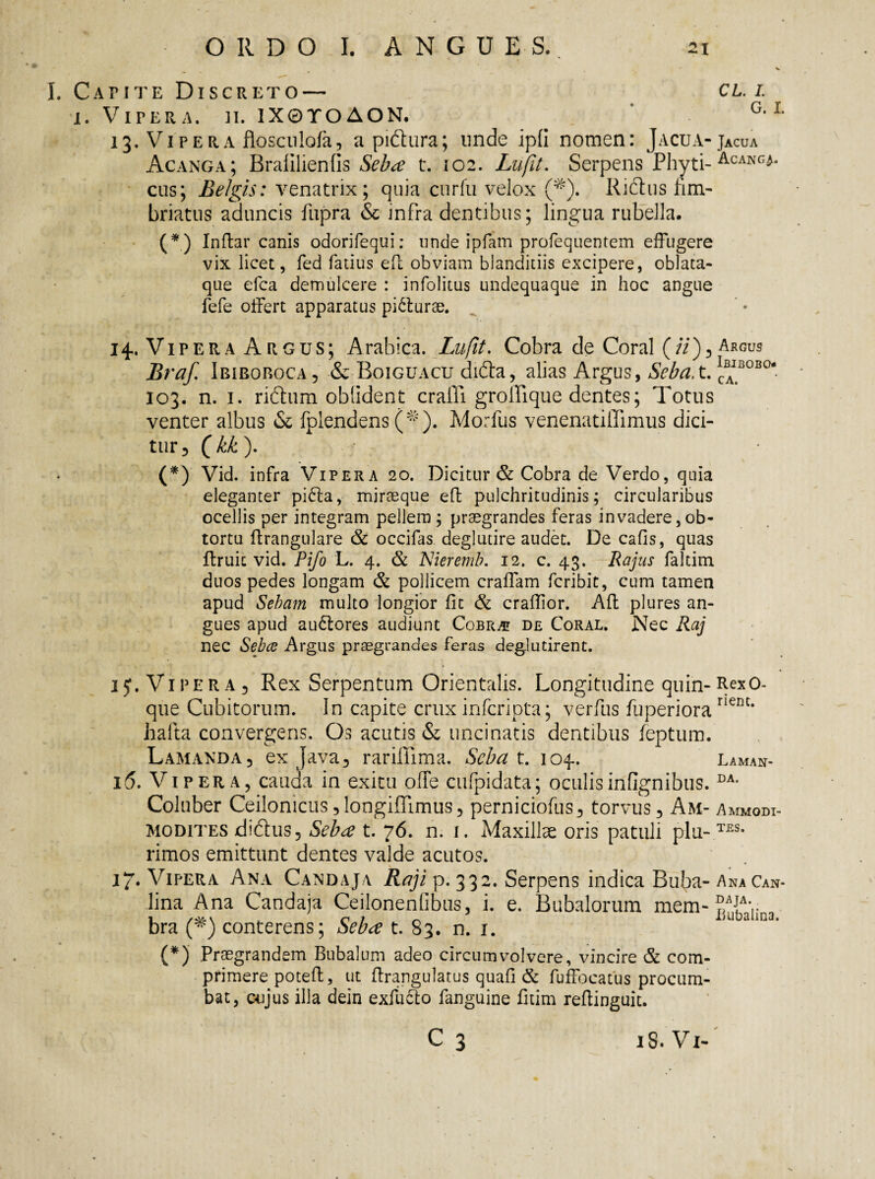 I. Caimte Discreto— cl. i. i. Vipera, ii. IXOTOAON. . G,L 13. Vipera flosculofa, apiftura; unde ipli nomen: Jacua- Jacua Acanga; Bralilienfis Sebae t. 102. Lufit. Serpens Phyti-Acang** cus; Belgis: venatrix; quia curfu velox (*). Riftus fim¬ briatus aduncis fupra & infra dentibus; lingua rubella. (*.) Inftar canis odorifequi: unde ipfam profequentem effugere vix licet, fed fatius eft obviam blanditiis excipere, oblata¬ que efca demulcere : infolitus undequaque in hoc angue fefe offert apparatus pi&urae. 14. Vipera Argus; Arabica. Lufit. Cobra de Coral (ii), Argus Braf. Iriboboca, & Boiguacu difta, alias Argus, Seba. t. 103. n. 1. riftum oblident craffi groffique dentes; Totus venter albus & fplendens (#). Morius venenatiffimus dici¬ tur 3 (kk). (*) Vid. infra Vipera 20. Dicitur & Cobra de Verdo, quia eleganter pi<ffa, mirseque eft pulchritudinis; circularibus ocellis per integram pellem ; praegrandes feras invadere, ob¬ tortu ffrangulare & occifas deglutire audet. De cafis, quas ftruic vid. Pifo L. 4. & Nieremb. 12. c. 43. Rajus faltim duos pedes longam & pollicem craffam fcribit, cum tamen apud Sebam multo longior Iit & craffior. Aff plures an¬ gues apud au&ores audiunt Cobrat de Coral. Nec Raj nec Sebas Argus praegrandes feras deglutirent. 15*. Vipera, Rex Serpentum Orientalis. Longitudine quin-RexO- que Cubitorum. In capite crux infcripta; verfus fuperiora nent* hafta convergens. Os acutis & uncinatis dentibus feptum. Lamanda, ex java, rariffima. Seba t. 104. Laman- 15. Vipera, cauda in exitu offe cufpidata; oculisinfignibus. DA- Coluber Ceilonicus,longiflimus, perniciofus, torvus, Am- Ammodi- modites didfus, Sebae t. 76. n. 1. Maxillae oris patuli plu- TES* rimos emittunt dentes valde acutos. 17. Vipera Ana Candaja Raj i p. 332. Serpens indica Buba-ANACAN- lina Ana Candaja CeilonenGbus, i. e. Bubalorum mem- ?,Afv bra (#) conterens; Sebae t. 83. n. i. nl ain3> (*) Praegrandem Bubalum adeo circumvolvere, vincire & com¬ primere poteff, ut ffrangulatus quafi & fuffocatus procum¬ bat, cujus illa dein exlu&o fanguine fitim reffinguit.