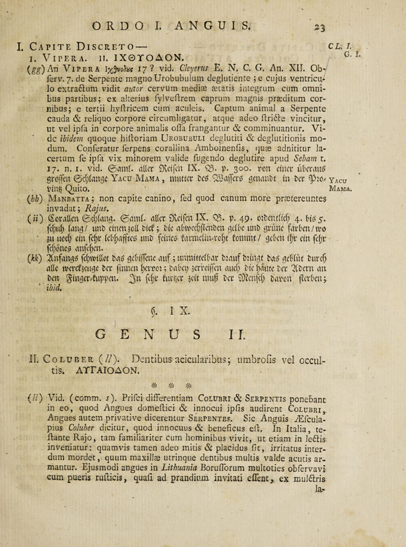 ORDO I. ANGUIS. 33 ' ; I I. Capite Discreto— cl. i. i. Viter a. it. IX© TO AON. G* L (gg) An Vipera 17? vid. Cleyerus E. N. C. G. An. XII. Ob- feri7.7. de Serpente magno IJrobubulum deglutiente ;e cujus ventricu¬ lo extradum vidit autor cervum mediae secatis integrum cum omni¬ bus partibus; ex alterius fylveffrem caprum magnis praeditum cor¬ nibus; e tertii hyffricem cum aculeis. Captum animal a Serpente cauda & reliquo corpore circumligatur, atque adeo ffride vincitur, ut vel ipfa in corpore animalis offa frangantur & comminuantur. Vi¬ de ibidem quoque hiltoriam Urobubuli deglutiti & deglutitionis mo¬ dum. Conferatur ferpens corallina Amboinenfis, quae adnititur la¬ certum fe ipfa vix minorem valide fugendo deglutire apud Sebam t. 17. n. 1. vid. ©amU alter Svdfcrt IX. p* 3°°* t>crt etner ukraus grojfrn ©d;(ange Yacu Mama , mutat QSaffer^ grnand tn t>cr yacu Vtrtg Quito. ' Mama. (bhi) Manbatta; non capite canino, fed quod canum more praetereuntes invadat; Rajus. (ii) Sotalfcn ©ddan$+ ©amU affer Sfictfcn IX. Q5. p. 49» mfcendtd) 4. bi$5«. fct)uf) imyi tmt> etnen 30IX tkf; dc abmec&jTcnkn $dbc unt> gtrunc farkn/tuo * $u uat ctn fefjr febf>affte^ tm‘o fetne^ farmcfimvofjt fommt / ^eben tf;t* cm fef>r fd&oncs anfepem (M) 2Cnfan<$ fdpn>tffec t>a£ ffffuffcnc auf; unmttteffat dauf tmmff Mut twrdj atte mcrcfjcu^c t?er jttmcrt petret; tabet; acrmffcrt audj t>tc pute ter iffcni an t>en gmget4wppcm 3n f# futfecr scit muf kt Sftcnfcfj t>aiAon fferben; i^/d. fi. 1 X. GENUS II. II. Coluber (//). Dentibus aciciilaribus; umbrofis vel occul¬ tis. ATTAIOAON. % # % (II) Vid. (comm. s). Prifci differentiam Colubri & Serpentis ponebant in eo, quod Angues domeftici & innocui ipfis audirent Colubri3 Angues autem privative dicerentur Serpentes. Sic Anguis AEfcula- pius Coluber dicitur, quod innocuus & beneficus eff. In Italia, te- flante Rajo, tam familiariter cum hominibus vivit, ut etiam in ledis inveniatur: quamvis tamen adeo mitis & placidus fit, irritatus inter¬ dum mordet, quum maxillae utrinque dentibus multis valde acutis ar¬ mantur. Ejusmodi angues in Lithuania Borufforum multoties obfervavl cum pueris rulucis, quali ad prandium invitati effent* ex muidris Ia-