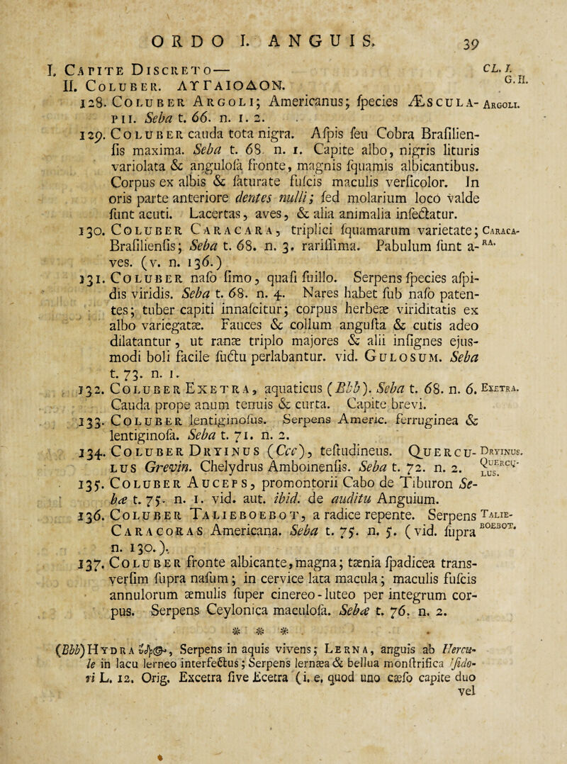 T, Catite Discreto— cl.i. II. Coluber. ATTaioAON. .G'If 128. Coluber Argoli; Americanus; fpecies Oscula-argoli. t 11. Seba t. 66. n. 1. 2. 3 2p. Coluber cauda tota nigra. Afpis leti Cobra Brafilien- fis maxima. Seba t. 68, n. 1. Capite albo, nigris lituris variolata & angulola fronte, magnis fquamis albicantibus. Corpus ex albis & faturate fulcis maculis verficolor. Jn oris parte anteriore dentes nulli; fed molarium locb valde funt acuti. Lacertas, aves, & alia animalia infe&atur. 130. Coluber Car ac ara, triplici fquamarum varietate; Caraca- Brafilienfis; Seba t. 68. n. 3. rariffima. Pabulum funt a-RA> ves. (v. n. 136.) 331. Coluber nafo fimo, quafi fuillo. Serpens fpecies afpi- dis viridis. Seba t. 68. n. 4. Nares habet fub nafo paten¬ tes; tuber capiti innafcitur; corpus herbeae viriditatis ex albo variegatae. Fauces & collum angufla & cutis adeo dilatantur, ut ranae triplo majores & alii infignes ejus¬ modi boli facile fu£tu perlabantur, vid. Gulosum. Seba t. 73. n. 1. 132. Coluber E x e t r a , aquaticus (Ebh). Seba t. 68. n. 6. Exetra, Cauda prope anum tenuis & curta. Capite brevi. 133. Coluber lentiginofus. Serpens Americ. ferruginea & lentigmola. Seba t. 71. n. 2. 334. Coluber Dryinus (Ccc), teftudineus. Quercu-Hryinus. lus Grevin. Chelydrus Amboinenfis. Sebat. 72. n. 2. ^?RCV’ 135*. Coluber Auceps, promontorii Cabo de Tiburon Se- b<e t. 7J. n. 1. vid. aut. ibid. de auditu Anguium. 136. Coluber Talieboebot, a radice repente. Serpens Talie- Cara coras Americana. Seba t. 75*. n. 5. (vid. fupraE0£B0T* n. 130.), 137. Co luber fronte albicante,magna; taenia fpadicea trans- verfim fupra nafum; in cervice lata macula; maculis fufcis annulorum aemulis fuper cinereo - luteo perintegrum cor¬ pus. Serpens Ceylonica maculola. Sebtf t. 76. n. 2. * w w w * (S^)Hydua Serpens in aquis vivens; Lerna, anguis ab Hercu¬ le in lacu lerneo interfe&us; Serpens lernaea& bellua monftrifica 'fido- fi L. 12. Orig, Excetra five Ecetra (i. e. quod uno casfo capite duo vel ♦