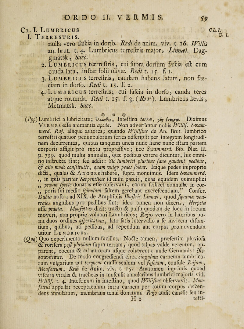 ORDO II, VERMI S, S9 Cl. I. Lumbricus I. Terrestris. nulla vero fafcia in dorfo. Redi de anim. viv. t. t6. Willis an. brut. t. 4. Lumbricus terreftris major, Linruei. Dag- gmatsk, Suec. 2. Lumbricus terrreflris, cui fupra dorfum fafcia efl cum cauda lata, inftar folii olivae. Redi t. 1 y f. 1. 3. Lumbiucus terreftris, caudam habens latam, non fas¬ ciam in dorfo. Redi t. iy. f. 2. 4.. Lumbricus terreftris; cui fafcia in dorfo, cauda teres atque rotunda. Redi t. iy. f. 3. (Rrr). Lumbricus laevis, Metmatsk. Suec. # # # (Ppp) Lumbrici a lubricitate; Inteftina teme, ^ Diximus Vermes e fle animanda apoda. Non adverfantur nobis RTillif bwam- merd. Raj. aliique amores; quando bVillifius de An. Brut. lumbrico terreftri quatuor pedunculorum feries adfcripfit per integram longitudi¬ nem decurrentes, quibus tanquam uncis nunc hanc nunc iftam partem corporis affigit pro motu progreffivo; nec Swammerd. Bib. Nat. II. p. 739. quod multa animalia, quae pedibus carere dicuntur, his omni¬ no inflru&a fmt; fed addit: Sic lumbrici pluribus fane gaudent pedibus, alio modo conjlitutis, quam vulgo pedes folent. Itaque pedes improprie di6Ii, quales & A ngues habere, fupra monuimus. Idem Swammerd. „ in ipfis pariter Serpentibus id mihi patuit, quas equidem quintuplici „ pedum Jpecie donatas eUe obfervavi; earum fcilicet nonnullae in cor- 5, poris fui medio fpino/am faltem gerebant excrefcentiam.” Confer. Dubia noftra ad XIX. de Amphibiis llluftris Linncei, quod fquamce ven¬ trales anguibus pro pedibus fmt: ideo tamen non dixeris, Herpeta effie pedata. Moufettus dicit: tra£lu & pulfu quodam de loco in locum moveri, non proprie volutari Lumbricos; Rajus vero in lateribus po¬ nit duos ordines afperitatum, lato fatis intervallo a fe invicem diftan- tium, quibus, uti pedibus, ad rependum aut corpus promovendum utitur Lumbricus. (Qjqq) Quo experimento nullum facilius. No6le tamen, praefertim pluviofa & roriferapojtpluviam fupra terram, quod talpas valde verentur, ap¬ parent, coeunt & ad auroram ufque cohaerent; unde Germanis: iXc* De modo congrediendi circa cingulum carneum lumbrico¬ rum vulgarium aut torquem craffiusculum vel fafciam, confule Rapum, Moufettum, Redi de Anim. viv. t. 15. Anatomen inprimis quoad vifcera vitalia & tracheas in mufculis annularibus lumbrici majoris, vid. Willif t. 4. Inteflinum in inteftino, quod Willifius obfervavit, Mou¬ fettus appellat receptaculum intra carnem per totum corpus defcen- dens annulatum, membrana tenui donatum. Rajo audit canalis feu in¬ ii 2 . tefli- CL.L G» I. /