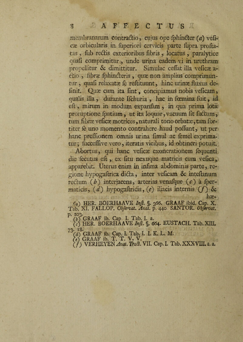 membranarum contradio, cuius ope Iphinder (a) vefi- C3£ orbicularis in fuperiori cervicis parte fupra profla¬ tas , fub redis exterioribus fibris, locatus, paralytice quali comprimitur., unde urina eadem vi in urethram propellitur & dimittitur. Simulae ceflat illa vefiese a- dio 3 fibrae fphinderis, qux non amplius comprimun¬ tur 3 quali relaxatae fe reftituunt, hinc urinae fluxus de¬ linit. Quae cum ita fint, concipiamus nobis veficam, qualis illa, durante Ifchuria 5 hac in fcemina fuit, id eft 3 mirum in modum expanlam 5 in qua prima lotii proruptione fpatium 5 ut ita loquar,vacuum fit fadum, tum fibrae vefiese motrices,naturali tono orbatae, tam for¬ titer fe.uno momento contrahere haud pofFunt, ut per hanc prelfionem omnis urina fimul ac lemel exprima¬ tur; fucceflive vero, iteratis vicibus, id obtineri potuit. Abortus, qui hanc veficae exonerationem fequenti die fecutus eft, ex fitu nexuque matricis cum vefica, apparebit. Uterus enim in infima abdominis parte, re¬ gione hypogaftrica dida, inter veficam & intefimum redum (b) interjacens, arterias venalque (c) a Iper- maticis, (i) hypogaftricis, (e) iliacis internis (/) <Sc hae- <a') HER. BOERHAAVE Injl. §. 366. GRAAF ibid, Cap. X. Tab. XI. FALLOP. Obfervat. Anat. p. 440 SANTOR. Obftrvat. p. 203. (b) GRAAF ib. Cap I. Tab. I. a. (c) HER. BOERHAAVE Injl. §. 664. EUSTACH. Tab. XIII. 73hi)8 GRAAF ib. Cap. I. Tab. I. I. K. L. M. (e) GRAAF ib. T. T. V. V. \f) VERHEYEN Anat. Tratt. VII. Cap. I. Tab. XXXVIII. a. a.