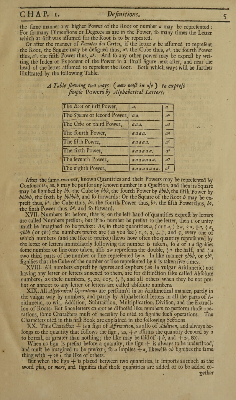 ------ --• i .—^-- --—.- - -• •-- - • -- -- - _L the fame manner any higher Power of the Root or number a may be reprelented : For lo many Dimenfions or Degrees as are in the Power, lb many times the Letter which at firft was affumed for the Root is to be repeated. Or after the manner of Renates des Cartes, if the letter a be affumed to reprelent the Root, the Square may be defigned thus, a\ the Cube thus, a3, the fourth Power thus, a\ the fifth Power thus, a(. And lo any other power may be expreft by wri¬ ting the Index or Exponent of the Power in a fmall figure next after, and near the head of the letter affumed to reprelent the Root. Both which ways will be further illuftrated by the following Table. A Table Jhewing two ways ( now tooft in ufe ) to exprefs fimple Powers by Alphabetical Let terti The Root or firft Power, a. a The Square or fecond Power, a a. a2 The Cube or third Power, a a a* ai The fourth Power, aaaa. a4 The fifth Power, a a a a a. a* The fixth Power, aaaa a a. nr The leventh Power, a aa aaaa* at The eighth Power, Aaaaaaaa. a8 After the fame manner, known Quantities and their Powers may be reprelented by Confonants * as, b may be put for anyknown number in a Queftion, and then its Square may be fignified by bb, the Cube by bbb, the fourth Power by bbbb, the fifth Power by bbbbb, the fixth by bbbbbb, and fo forwards: Or the Square of the Root b may be ex¬ preft thus, bz. the Cube thus^ b K the fourth Power thus, b4. the fifth Power thus, bs. the fixth Power thus, b6. and lo forward. XVII. Numbers fet before, that is, on the left hand of quantities expreft by letters are called Numbers prefixt; but if no number be prefixt to the letter, then i or unity muft be imagined to be prefixt: As, in thele quantities a, ( or i a,) 2 a, 3 a, i,a, ^a, 5bbb (or $bi) the numbers prefixt are (as you lee) 1,2, 3, and 5:, every one' of which numbers (and the like 16 prefixt) (hews how often the quantity reprefented by the letter or letters immediately following the number is taken -, fo a or 1 a fignifies Lome number or line once taken, alfo 2 a reprelents the double, ~a the half, and \a two third parts of the number or line reprefented by a. In like manner <ybbb, or 5 b3, fignifies that the Cube of the number or line reprelented by b is taken five times., XVIII. All numbers expreft by figures and cyphers (as in vulgar Arithmetic) not having any letter or letters annexed to them, are for diftin&ion lake called Abfolute numbers*, as thefe numbers, 5;, 20, 105:, 4-,y, and all others when they be not pre- fixt or annext to any letter or letters are called abfolute numbers. XIX. All Algebraical Operations are perform’d in an Arithmetical manner, partly in the vulgar way by numbers, and partly by Alphabetical letters in all the parts of A- rithmetic, to wit, Addition, Subtrattion, Multiplication, Divifion, and the Extra£t- ion of Roots: But fince letters cannot be difpoled like numbers to perform thole ope¬ rations, fome Characters muft of neceffity be uled to fignifie fuch operations. The Chambers uled in this firft Book are explained in the following Se&ions XX. This Character is a fign of Affirmation, as alio of Addition, and always be¬ longs to the quantity that follows the fign ; as, -fa affirms the quantity denoted by a to be real, or greater than nothing*, the like may be laid of -\-b, and -j-2c, &c. When no fign is prefixt before a quantity, the fign -f is always to be underftood, and muft be imagined to be prefixt ; fo a implies -\-a, likewile 2b fignifies the lame thing with -f 2b ; the like of others. But when the fign -f is placed between two quantities, it imports as much as the word plus, or more, and fignifies that thole quantities are added or to be added to¬ gether