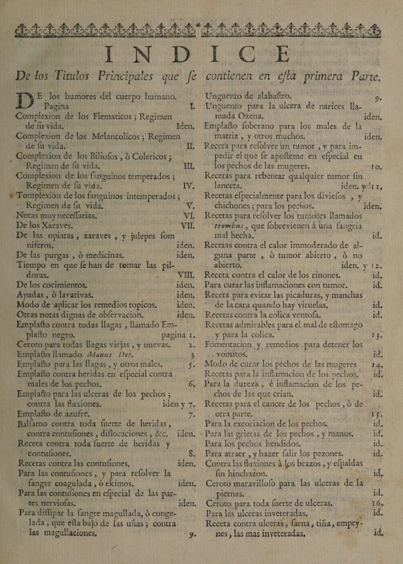 ¿fb¿& cfeáfedfe Abcfecjbcfectbcfectb efe efe> r—'—- •■•*-— ~~~ ~~- ~ ~—~* : —- —■■—• ■-»— sasia» saga aawi» s¡s. r~ ti—’ ■ i- ...«-ase. r ¿aseji,. j • . - .--r-. . DICE De los Títulos Principales que fe contienen en ejla primera Parte. D E los humores del cuerpo humano. Pagina I. ■Complexión de los Flemáticos3 Regimen de íu vida. Iden. Complexión de los Melancólicos 3 Regimen de fu vida. II. Complexión de los Bilioíos , d Coléricos 3 Regimen de íu vida. III. Complexión de los Pingüinos temperados 3 Regimen de fu vida. IV. Tompiexión de los ían guiños intemperados3 Regimen de fu vida. V. Notas muy necesarias. VI. De los Xaraves. VIL De las opiatas , xaraves , y julepes fom niferos. iden. De las purgas , o medicinas. iden. Tiempo en que fe han de tomar las pil¬ doras. ’ v VIII. De los cocimientos. iden. Ayudas, o lavativas. iden. Modo de aplicar los remedios tópicos. iden. Otras notas dignas de obfervacion. iden. Emplafto contra todas llagas , llamado Em¬ plafto negro. pagina i. C.eroto para todas llagas viejas , y nuevas. z. Emplafto llamado Adunas Del. 3 Emplafto para las llagas , y otros males. y. Emplafto contra heridas en efpecial contra males de los pechos. 6. Emplaílo para las ulceras de los pechos 3 contra las fluxiones. iden y 7. Emplafto de azufre. 7. Balfamo contra toda fuerte de heridas, contra contuíiones, diílocaciones, &c. iden. Receta contra toda fuerte de heridas y contuíiones. 8. Recetas contra las contuíiones. iden. Para las contuíiones , y para refolver la fangre coagulada, o ekimos. iden. Para las contuflones en eípecial de las par¬ tes nervioías. iden. Para diífipar la fangre magullada, o conge¬ lada, que eftabajo de las unas 3 contra las magullaciones. 9. Ungüento de alabaftro. Ungüento para la ulcera de narices lla¬ mada Ozena. iden. Emplafto foberano para los males de la matriz , y otros muchos. iden. Receta para refolver un tumor , y para im¬ pedir el que fe apólleme en eípecial en los pechos de las mugeres. 1 o. Recetas para rebentar qualquier tumor fin lanceta. iden. yrii 1, Recetas eípecialmente para los diviefos , y chichones 3 para los pechos. iden. Recetas para refolver los tumores llamados trombas , que íobrevienen á una íangria mal hecha. id. Recetas contra el calor immoderado de al¬ guna parte , b tumor abierto , ó no abierto. iden. y 11. Receta contra el calor de los rinones. id. Para curar las inflamaciones con tumor. id. Receta para evitar las picaduras, y manchas de la cara quando hay viruelas. id. Recetas contra la cólica ventofa. id. Recetas admirables para el mal de eftomago y para la cólica. 13. Fomentación y remedios para detener los . vómitos. id. Modo de curar los pechos de las mugeres 14. Recetas para la inflamación de los pechos. id. Para la dureza , é inflamación de los pe¬ chos de las que crian. id. Recetas para el cáncer de los pedios , o de otra parte. ly. Para la excoriación de los pechos. id. Para las grietas de los pechos , y manos. id. Para los pechos hendidos. id. Para atraer , y hazer falir los pezones. id. Contra las fluxiones a Ips brazos , y efpaldas fin hinchazón. id, Ceroto maravillólo para las ulceras de la piernas. id. Ceroto para toda fiierte de ulceras, 16. Para las ulceras inveteradas. id. Receta contra ulceras, farna, tina, empey- nes, las mas inveteradas. id.