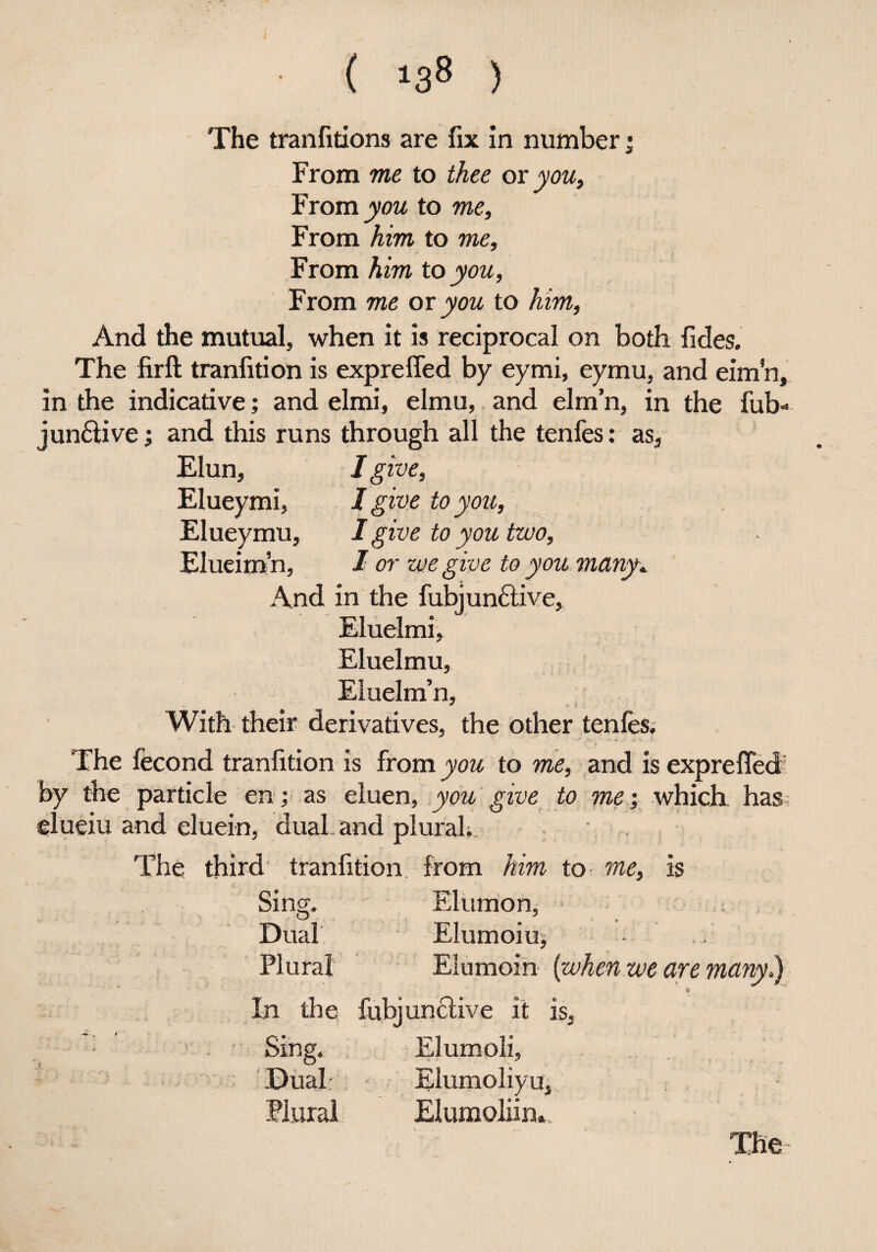 The tranfitions are fix in number; From me to thee or you. From you to me, From him to me. From him to you, From me ox you to him, And the mutual, when it is reciprocal on both fides. The firft tranfition is expreffed by eymi, eymu, and eim'n, in the indicative; and elmi, elmu, and eim’n, in the fub-» jun&ive; and this runs through all the tenfes: as, Elun, I give, Elueymi, I give to you, Elueymu, I give to you two, Elueim’n, I or we give to you many* And in the Subjunctive, Eluelmi, Eluelmu, Eiuelm’n, With their derivatives, the other tenles. ■ *„ f. \ r The fecond tranfition is from you to me, and is expreffed? by the particle en; as eluen, you give to me; which has elueiu and eluein, dual and plural. . The third tranfition. from him to me, is Sing. Elumon, ■ - Dual Elumoiiij Plural Elumoin (when we are many*} In the Subjunctive it is, ; Sing. . Elumoli, Dual; Elumoliyu, Plural Elumoliin*