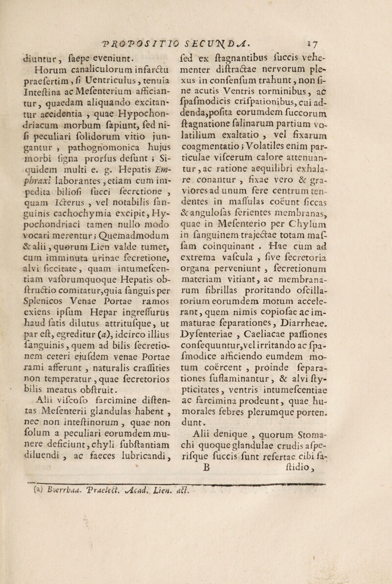 TROTOS IT 10 diiintur, faepe eveniunt. Horum canaliculorum infar(5lu praefertim , fi Uentriculus, tenuia Inteilina acMefenterium affician¬ tur, quaedam aliquando excitan- tur accidentia , quae Hypochon¬ driacum morbum fapiunt, fed ni- fi peculiari folidorum vitio jun¬ gantur , pathognomonica hujus morbi bgna prorfus defunt > Si¬ quidem multi e. g. Hepatis Em- phraxi laborantes,etiam cum im¬ pedita biliofi fucci fecretione , quam Idrerus , vel notabilis fan- guinis cachochymia excipit,Hy¬ pochondriaci tamen nullo modo vocari merentur i Quemadmodum & alii 5 quorum Lien valde tumet, cum imminuta urinae fecretione, alvi ficcitate, quam intumefcen- tiam vaforumquoque Hepatis oh- hrudlio comitatur,qLiia fanguis per Splenicos Venae Portae ramos exiens ipfum Hepar ingreffiirus haud fatis dilutus attritufque, ut par eft, egreditur (^), idcirco illius fan guinis, quem ad bilis fecretio- nem ceteri ejufdem venae Portae rami afferunt , naturalis craffities non temperatur , quae fecretorios bilis meatus obftruit. Alii vifcofo farcimine diffen- tas Mefenterii glandulas habent , nec non inteffinorum , quae non folum a peculiari eorumdem mu¬ nere deficiunt,chyli fubftantiam diluendi , ac faeces lubricandi. SECU^D^I. 17 fed ex ftagnantibus fuccis vehe¬ menter diftradae nervorum ple¬ xus in confenfum trahunt, non fi¬ ne acutis Ventris torminibus, aC fpafmodicis crifpationibus, cui ad¬ denda,pofita eorumdem fuccorura ftagnationefalinarum partium vo¬ latilium exaltatio , vel fixarum coagmentatio 3 Volatiles enim par¬ ticulae vifcerum calore attenuan¬ tur, ac ratione aequilibri exhala¬ re conantur , fixae vero & gra¬ viores ad unum fere centrumtcn- dentes in maffulas coeunt ficcas &angulofas ferientes membranas, quae in Mefenterio per Chylum in fanguinem trajedae totam maf- fam coinquinant . Hae cum ad extrema vafcula , five fecretoria organa perveniunt , fccretionum materiam vitiant, ac membrana¬ rum fibrillas proritando ofcilla- torium eorumdem motum accele¬ rant, quem nimis copiofae ac im¬ maturae feparationes, Diarrheae. Dyfenteriae , Caeliacae paffiones confequuntur,vel irritando acfpa- fmodice afficiendo eumdem mo¬ tum coercent , proinde fepara¬ tiones fuflaminantur, & alvifty- pticitates, ventris intumefcentiae ac farcimina prodeunt, quae hu¬ morales febres plerumque porten. dunt. Alii denique , quorum Stoma¬ chi quoque glandulae crudis afpe- rifque fuccis funt refertae cibi fa- B ffidio. ^ ' I ■ I . ■ II ■ I ■ M I . , I , ,1 (a) Boerrbaa. TraekiL u4cad. Lka. all\