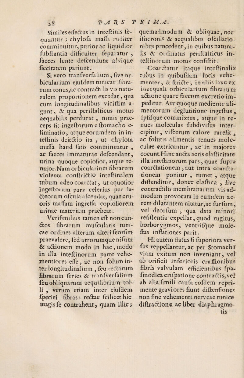 2^ R S Similes effecflus in inteftinis fe- quuntur j chylofa mada ruditer comminuitur, purior ac liquidior fubftantia difficulter feparatur , faeces lente defcendunt alvique ficcitatem pariunt. Si vero tranfverfalium , five or¬ bicularium ejuldern tunicae fibra¬ rum tonuSjac contra(5filis vis natu¬ ralem proportionem excedat, qua cum ion^^itudinalibus vicillim a- gunt, & qua pemdalticus motus aequabilis perdurat , nimis prae¬ ceps fit ingeftorum e flomacho e- liminatio, atque eorumdem in in- teftinis dejedfio ita , ut chylofa mada haud fatis comminuatur , ac faeces immaturae defcendant, lirina quoque copiofior, atque te- nujor.Nam orbicularium fibrarum violenta conftriiflio inteftinalem tubum adeo coardlat, ut aquofior ingeftorum pars celerius per Ia- <5leorum ofcula afcendat, quae cru- oris madam ingreda copiofiorem urinae materiam praebeat. Verifimilius tamen efl: non cun- dlos fibrarum mufcularis tuni¬ cae ordines alterum alteri feorfim praevalere, fed utrorumque nifum & adionem modo in hac,modo in illa inteftinorum parte vehe- mentiores ede, ac non folumin¬ ter longitudinalium ,feu redarum fibrarum feries & tranfverfalium feu obliquarum aequilibrium tol¬ li , verum etiam inter ejufdem fpeciei fibras: redae fcilicet hic Biagisfe contrahent, quam: illic3 T R I quemadmodum & obliquae, nec ifocronis & aequalibus ofcillatio- nibus procedent, in quibus natura¬ lis & ordinatus perifialticus in- tellinorum motus confiftit. Coardatur itaque intedinalis tubus in quibufdam locis vehe¬ menter , «Sc flride , in aliis laxe ex hiiiequali orbicularium fibrarum adione quare faecum excrerio im- peditun Aer quoque mediante ali¬ mentorum deglutitione ingefius , ipfifque commixtus, atque in te¬ nues moleculas fubdivifus inter¬ cipitur 5 vifcerum calore rarefit , ac foiutjs alimentis tenues mole- culae extricantur , ac in majores coeunt.Hinc auda aeris elafticitate illa inteftinorum pars, quae fupra coardationem , aut intra coarda- tlonem ponitur , tumet , atque didenditur, donec elafiica , five* contradilis membranarum vis ad¬ modum provocata in eumdem ae¬ rem dilatantem nitatur,ac fiirfiim, vel deorfum , qua data minori refiflentia expellat, quod rugitus, borborygmos, ventrifque mole- ftas inflationes parit. Hi autem flatus fi fuperiora ver- fus reppellantur, ac per Stomachi viam exitum non inveniant, vel ab orificii inferioris cradloribus fibris valvulam efficientibus fpa- fmodica crifpatione contradis,vel ab aliafimili caufa eofdem reprK mente graviores fiunt diftenfiones non fine vehementi nerveae tiinice diftradione ac libex diaphragma¬ tis