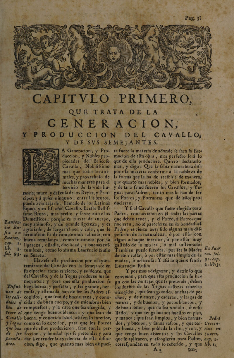 Pag. jl CAPITVLO PRIMERO,1 QJJ E TRATA DE LA GENERACION, Y PRODUCCION DEL CAVALLO, Y DE SVS SEMEJANTES. Xauren- €Í0 Ru- fin en Suarez., cap. i. lib. 3. fel. 9¡. D ifini¬ do n de ■hs cali - dides cj h¿n de tener el Cavallo y Tegua que han de fer paraPa- A Generación , y Pro¬ ducción, y Nobles pro¬ piedades del Belicofo Cavado , Nobiüfsimo mas que todos los ani¬ males, y provechofo de muchas maneras para el lervicio de la vida hu¬ mana; muro, y defenía de los Reyes, y Prin¬ cipes: y á quien ninguno , entre los brutos, puede aventajarle , llamado de lo> Latinos Equus, y en Ef¡ añol Cavado. Es elle Bellif- íimo Bruto , mas prefio y feroz entic los Domeíticos; porque es fuerte de «uerpo, muy animufo , y de grande ligereza ; y es agraciado , de largas clines, y cola , que le hermofean: Es de complexión «aliente, con buena templanza , como fe conoce por fu ligereza, efladia, docdiuad , \ buenas cof- tumbres, como lo afirma Laurencio Rufio en Suarez. Hazcfe ella proluccfon por el ayun¬ tamiento del Cavado con la [entejante en fu efpecic : como es cierto, y evidente, que del Cavallo, y de la Yegua producen fus fe- niejantes: y para que efla producción fe haga buena, y perfeéta , y fea grande , her* mofa, y eftimada, han de Cer los Padres ef- cogidos, que fean de buena raza , y cono¬ cida : de buen cuerpo, y de miembros bien compueílos, y la capa que fea efeogida, y que tenga buenos blancos: y que fean de buena, y conocida faJud, afsi en lo intciior, como en lo exterior , para que los Potros que de ellos producieren , fean con la per¬ fección , y bondad que fe pretende: y para dar á entender la excelencia de cita difini- ta fuere la materia de adonde fe faca la for¬ mación de eífa obra , mas perfetto ferá lo que de ella producicre. Quiero declararlo mas, y digo: Qjc la fabia naturaleza dif- pone la materia conforme a la nobleza de l.i forma que la ha de recibir : de manera, que quanto mas nobles, y bien formados9 y de tana falud fueren los Orvallos, y Yc- gua<. para Padres , tanto mas lo han de fer los Potios, y Potrancas que de ellos pro- duciercn, Y fi al Cavafi * que fuere elegido para Padre , concurrieren en bl todas las parte® que deben tener , y el Potro, ó Potros que nacieren , no ¿é parecieren en la bondad a( Padre , es cierto aver fido alguna mala dif- poficion de la naturaleza, ó por efiar con algún achaque interior , b por ellár muy gallado de la mo ita , ó nial fuflenrado: También puede fuceder, por fer la Madre de ruin caita , ó por citar mas limpia de la madre , ó achacofa : Y afsi lo quiere fentir Laurencio Rufio; Y por mas adelgazar , y dezir lo que conviene , para que dta producción fe ha¬ ga con las ventajas que fe pretende , deben Jos dueños de las Yeguas caftizas tenerlas efeogidas, que fean grandes, anchas de pe¬ chos , y de vientre , y caderas , y largas de natura , y de buenos , y pocos blancos , y de buen lomo , que no fea vndido , ó cali¬ llado , y que tenga buenos hueílos en pies, y manos; que fean limpios, y bien forma¬ dos , y buenos , y fanos caicos, y que ten¬ ga buena , y bien poblada la clin , y cola, y que tenga buen aísiento: y los Cavallos que fe aplicaren, y eCcogiercn para Padr€9, A % tciu En Su a* reí, foL 91. cap. z, libé 3* Ped/é Cree en¬ tino en Suarez, cap. 2,