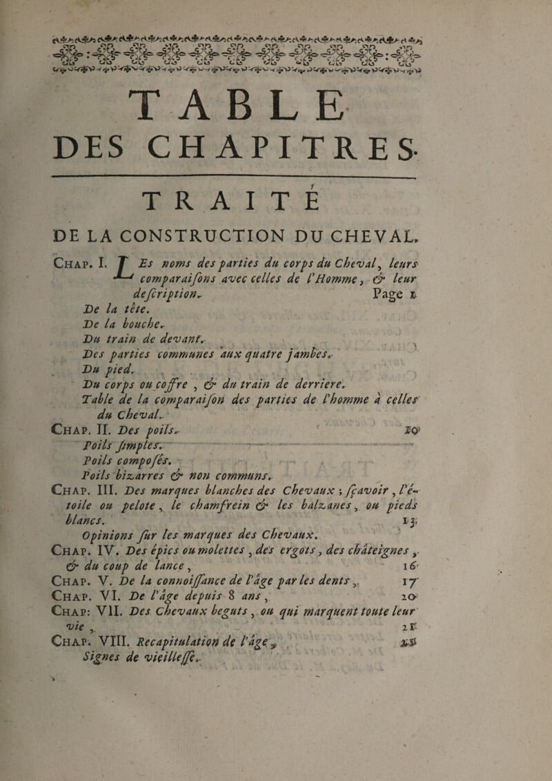 4MHHMHMMHHW»- V/ÿ» P wtfr\3 -f »t^ -^v*/ jÿvv^ v> -* î^TO V»*, V»g* v ^^V V»ü» WVîJiV^ >$*V TA BLE DES CHAPITRES TRAITE DE LA CONSTRUCTION DU CHEVAL. Chap. I. r noms des parties du corps du Cheval, leurs •*-' comparai fins avec celles de l'Homme, & leur defiription* Page k De la tète. De la bouche* Du train de devant. Des parties communes aux quatre jambes.- Du pied. Du corps ou coffre , à* du train de derrière. Tah le de la comparai fin des parties de l'homme a celles du Cheval.. Chap. IL Des poils* fç» Poils Jimpies. Poils compofês. Poils bigarres & non communs. Chap. III. Des marques blanches des Chevaux ; fç avoir , V toile ou pelote , le chamfrein & les balzanes, ou pieds blancs. 13, Opinions fur les marques des chevaux. Chap. IV. Des épies ou molettes , des ergots, des châteignes & du coup de lance , 16> Chap. V. De la connoijfance de Page par les dents,:1 17 Chap. VI. De l'âge depuis 8 ans\ 20 Chap: VIL Des chevaux beguts, ou qui marquent toute leur vie - it Chap. VIII. Récapitulation de l'âge ^ && Signes de vieille fie..