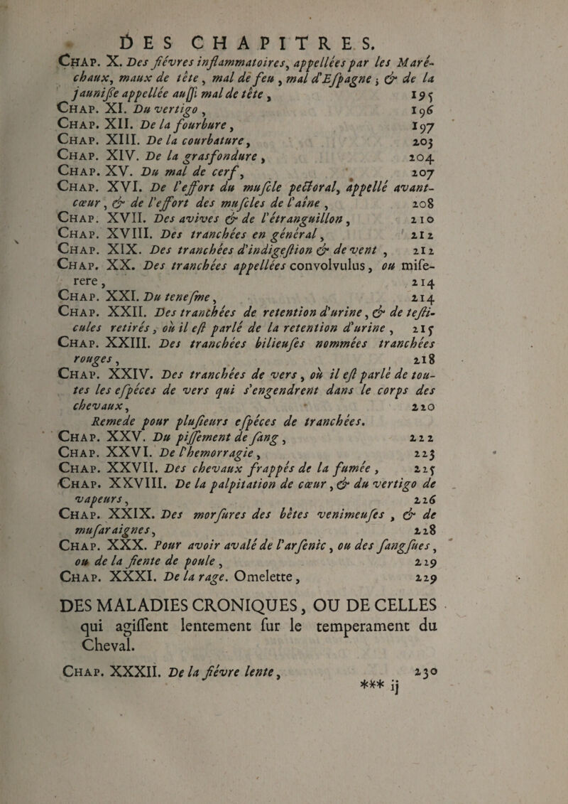 Chap. X. Des fièvres inflammatoires, appellées par les Maré¬ chaux, maux de te te , mal de feu , mal d'Efpagne ; & de la jaunifle appellée aujfi mal de tête , 19 5 Chap. XI. Du vertigo, 196 Chap. XII. De la fourbure, 197 Chap. XIII. De la courbature, 203 Chap. XIV. De la grasfondure , 204 Chap. XV. Du mal de cerf, 207 Chap. XVI. De l'effort du mu file peUoral, appelle avant- cœur , & de l'effort des mufiles de l'aine , 208 Chap. XVII. Des avives & de l'étranguillon , 210 Chap. XVIII. Des tranchées en général , 212 Chap. XIX. Des tranchées d'indigeftion & de vent , 2I2 Chap. XX. Des tranchées appellées convolvulus, ou mife- rere, 214 Chap. XXI.Dutenefme, 214 Chap. XXII. Des tranchées de rétention d'urine ,& de tefli- cules retirés} ou il e(l parlé de la rétention d'urine , 215’ Chap. XXIII. Des tranchées hilieufis nommées tranchées rouges, 218 Chap. XXIV. Des tranchées de vers, où il efl parlé de tou¬ tes les efpéces de vers qui s'engendrent dans le corps des chevaux, 210 Remede pour plufieurs efpéces de tranchées. Chap. XXV. Du piffement de fang, 222 Chap. XXVI. De P hémorragie, 223 Chap. XXVII. Des chevaux frappés de la fumée , 223 Chap. XXVIII. De la palpitation de cœur ,dr du vertigo de vapeurs, 226 Chap. XXIX. Des morfures des bêtes venimeufes % & de mufar aignes, 228 Chap. XXX. Pour avoir avalé de l'drfente, ou des fangfiues, ou de la fiente de poule , 219 Chap. XXXI. De la rage. Omelette, 229 DES MALADIES CRONIQUES, OU DE CELLES qui agiflent lentement fur le tempérament du Cheval. Chap. XXXII. Delà fièvre lente, 130 *** ij