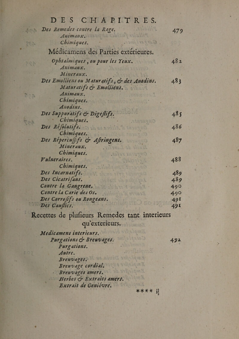 ' Des Rcmedes contre la Rage. 479 Animaux:. chimiques. • . > ' . « Médicamens des Parties extérieures. Ophtalmiques, ou pour les Deux. 48 2 Animaux. Minéraux. Des Emoi lie ns ou Maturatifs, & des Anodins. 48 3 Maturatifs & Emoliions. , Animaux. Chimiques. Anodins. Des Suppuratifs & Digeflifs. 483 * Chimiques. Des Refolutifst 486 Chimiques. Des Repercufjfs & J/fr ingens. 487 Minéraux. Chimiques. Vulnéraires. 488 Chimiques. Des Incarnatifs. 489 Des Cicatrifans. 489 Contre la Gangrené. 490 Contre la Carie des Os. 490 Des Corrofifs ou Ronge ans. 491 Des Caufics. 491 Recettes de plufieurs Remedes tant intérieurs qu extérieurs. Medicamens intérieurs. Purgations & Breuvages. 49* Purgations. Autre. Breuvages. Breuvage cordial. Breuvages amers. Herbes & Extraits amers. Extrait de Genièvre. ****