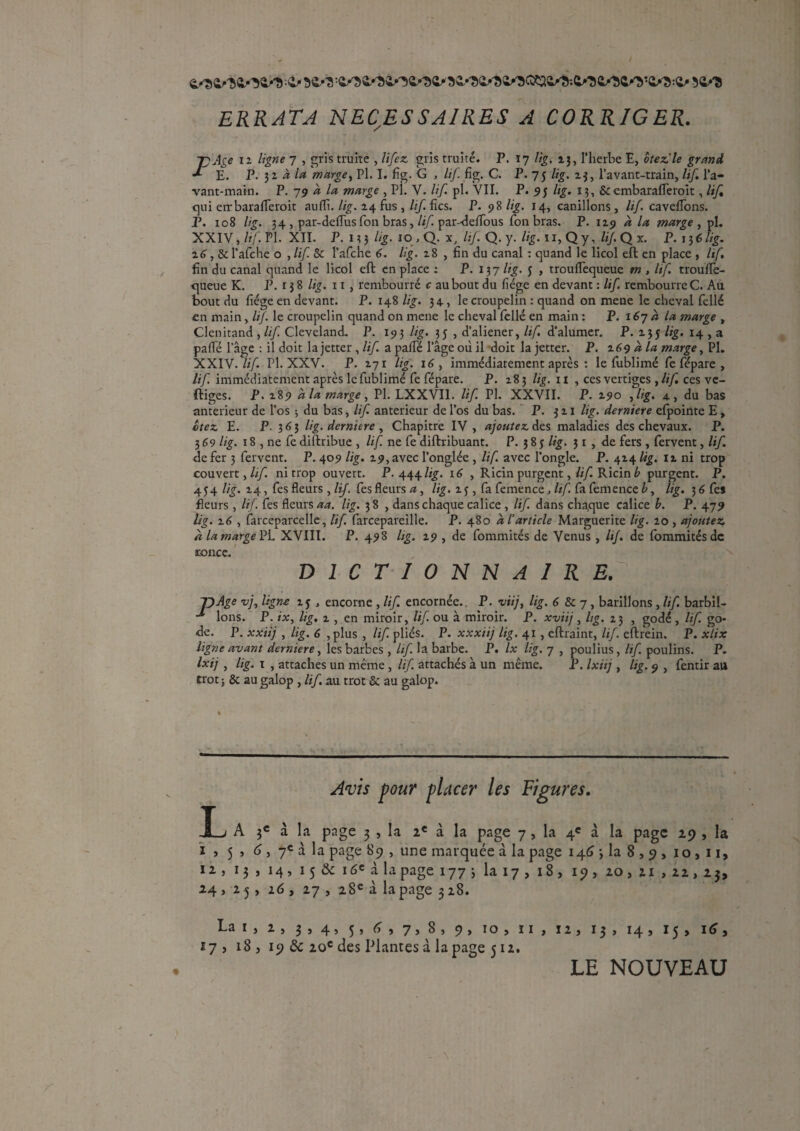 ERRATA NECESSAIRES A CORRIGER. T)Age 11 ligne 7 , gris truite , lifez gris truité. P. 17 %. 23, l'herbe E, ôtez le grand *■ E. P. j 2 à la marge, Pl. I. fig. G , lif. fig. C. P. 75 %. 1$, l'avant-train, lif. l'a¬ vant-main. P. 79 « /<* w/ïr^e , PL Y. lif. pl. VII. P. 9 J %• 13, & embaralTeroit, AjÇ qui errbarafleroit au fît. lig. 24 fus, Itf. fies. P. 98%. 14, canillons, lif cavelTons. P. 108 %. 34 , par-deflus fon bras, /i/C par-deflous Ton bras. P. 129 ^ la marge , pl. XXIV, lif. PL XII. P. 13 3 %. 10 , Q. x, lif. Q. y. lig. 11, Q y, lif Q x. P. 13 6 lig. 26 , & l’afche o , lif. 8c l’afche 6. lig. 28 , fin du canal : quand le licol ell: en place , lif fin du canal quand le licol eft en place ; P. 137 lig. j , trouflequeue m , lif troufle- queue K. P. 138 lig. x 1 , rembourré c au bout du fiége en devant : lif rembourre C. Au bout du fiége en devant. P. 148 lig. 34 , lecroupelin : quand on meue le cheval fellé en main, Itf. le croupelin quand on mene le cheval fellé en main : P. 167 à la marge , Clenitand , lif. Cleveland. P. 193 lig. ; j , d’aliener, lif d’alumer. P. 235 lig. 14 , a pafie l’âge : il doit la jetter , lif. a pafie l’âge où il doit lajetter. P. 269 à la marge, Pl. XXIV. lif PL XXV. P. 271 lig. 16, immédiatement après : le fublimé fe fepare , lif. immédiatement après le fublimé fe fépare. P. 283 lig. 11 , ces vertiges , lif ces ve- ftiges. P. 289 à la marge, PL LXXVI1. lif. PL XXVII. P. 290 ,lig. 4, du bas anterieur de l’os ; du bas, lif anterieur de l’os du bas. P. 321 lig. derniere efpointe E, etez E. P. 363 lig. derniere , Chapitre IV, ajoutez des maladies des chevaux. P. 3 69 lig. 18 , ne fe diftribue , lif. ne fe distribuant. P. 3 8 $ lig. 31, de fers , fervent, lif de fer 3 fervent. P. 409 lig. 29, avec l’onglée , lif. avec l’ongle. P. 424 lig. 12 ni trop couvert, lif. ni trop ouvert. P. 444%. 16 , Ricin purgent, lif. Ricin b purgent. P. 4 lig. 24, fes fleurs , lif. fes fleurs a, lig. 2 j, fa femence, lif. fa femence b, lig. 3 6 fe» fleurs , lif. fes fleurs aa. lig. 38 , dans chaque calice , lif dans chaque calice b. P. 479 lig. 26 , farceparcelle, lif. farcepareille. P. 480 a l’article Marguerite lig. 20 , ajoutez a la marge PL XVIII. P. 498 lig. 29 , de fommités de Venus , lif. de lommitésdc ronce. DICTIONNAIRE. JD Age vj, ligne 25 , encorne , lif. encornée.. P. viij, lig. 6 8c 7 , barilJons , lif barbil- Ions. P. ix, lig. 2 , en miroir, lif. ou à miroir. P. xviij , lig. 23 , godé , lif. go¬ de. P. xxiij , lig. 6 , plus , lif pliés. P. xxxiij lig. 41, eftraint, lif. eftrein. P. xlix ligne avant derniere, les barbes , lif. la barbe. P. Ix lig. 7 , poulius, lif poulins. P. Ixij , lig. 1 , attaches un même , lif. attachés à un même. P. Ixiij , lig. 9 , fentir au trot ; 8c au galop , lif au trot & au galop. Avis pour placer les Figures. L A 3e à la page 3 , la 2e à la page 7 , la 4e à la page 29 , la 1 j 5 > 6 , 7e à la page 89 , une marquée à la page 146 ; la 8,9 , 10,11, 12 , 13 j 14 , 15 &c 16e ci la page 1773 la 17 , 18, 19, 20 , 21 , 22,23, 24 , 2 5 , 16 , 27 , 28e à la page 328. La 1 , 2, 3,4, 5, A , 7,8, 9, 10, 11 , 12, 13 , 14, 15, 16, 17, 18, 19 & 20e des Plantes d la page 5 12. LE NOUVEAU