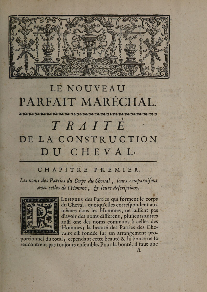 PARFAIT MARÉCHAL. siiosioao ioiococ'? aoao 52/t> TRAITE DE LA CONSTRUCTION DU CHEVAL- CHAPITRE PREMIER. Les noms des Parties du Corps du Cheval > leurs comparaisons avec celles de l'Homme} & leurs defcriptions. A » *' Lusieurs des Parties qui forment le corps du Cheval, quoiqu’elles correfpondent aux mêmes dans les Hommes, ne laiflent pas d’avoir des noms difFerens , plufteurs autres auffî ont des noms communs à celles des Hommes j la beauté des Parties des Che¬ vaux effc fondée fur un arrangement pro¬ portionnel du total ; cependant cette beauté 6c la bonté ne fe rencontrent pas toujours enfemble. Pour la bonté,il faut une A. i