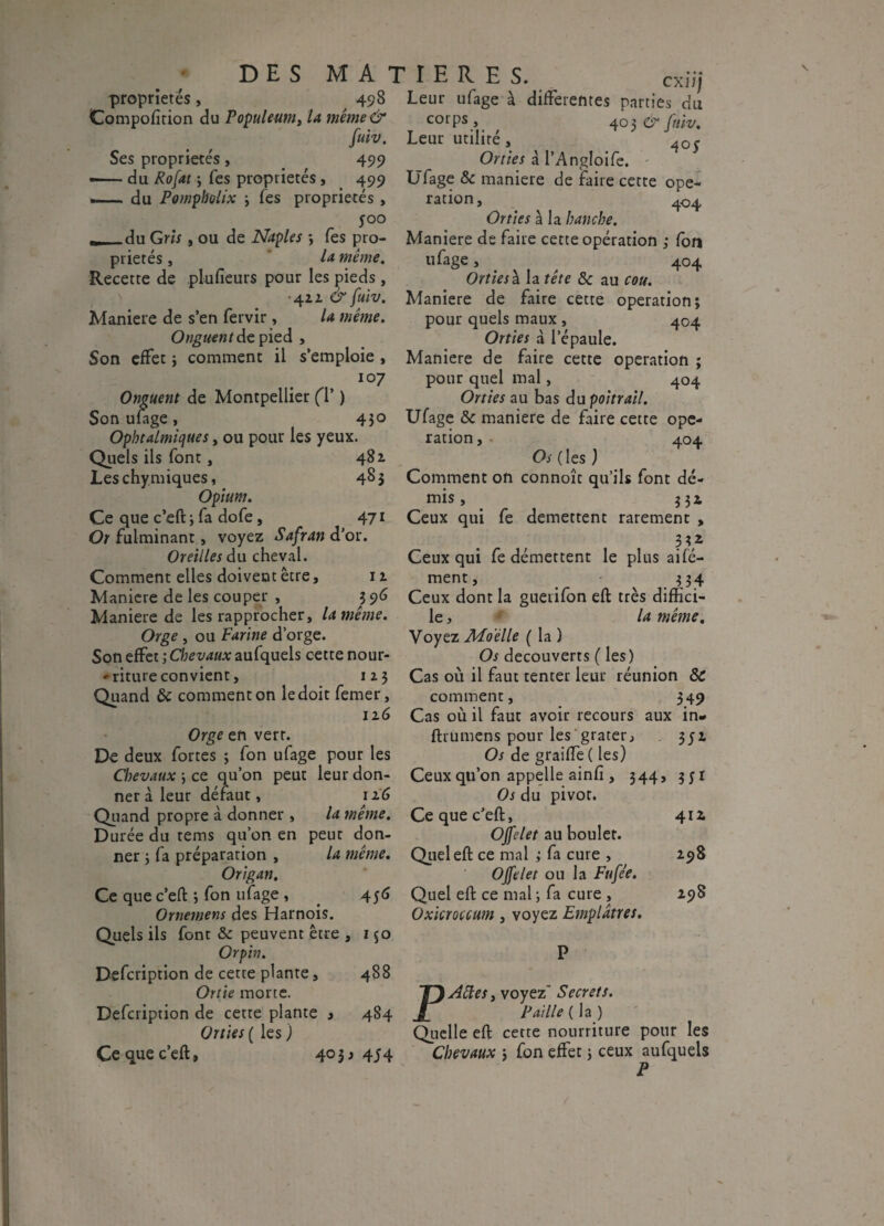 propriétés, 498 Compofition du Populeum, la même& [uiv. Ses propriétés, _ 499 — du Rofat ; Tes propriétés , 499 ——. du Pompholix ; fes propriétés , 500 TIERES. cxiij Leur ufage à differentes parties du corps , , 403 & fttiv. Leur utilité, 40Ç Orties à l’Angloife. Ufage & maniéré de faire cette ope¬ ration, 404 Orties à la hanche. rr dn Gris, ou de Naples ; fes pro- Maniéré de faire cette opération ; fon prietes, la meme. Recette de plufîeurs pour les pieds , ■41: è1 fuiv. Maniéré de s’en fervir, la même. Onguent de pied , Son effet ; comment il s’emploie , I07 Onguent de Montpellier (Y ) Son ufage , 430 Ophtalmiques, ou pour les yeux. Quels ils font, 481 Les chymiques, Opium. ufage, ^ 404 Orties\ la tête & au cou. Maniéré de faire cette operation; pour quels maux , 404 Orties à l’épaule. Maniéré de faire cette operation ; pour quel mal, 404 Orties au bas du poitrail. Ufage & maniéré de faire cette ope¬ ration, 404 Os ( les ) 483 Comment on connoît qu’ils font dé¬ mis , 3 32, Ce que c’eft ; fa dofe, 471 Ceux qui fe démettent rarement. Or fulminant, voyez Safran d’or. 33Z Oreilles du cheval. Ceux qui fe démettent le plus aifé- Comment elles doiventêtre, 11 ment, - 334 Maniéré de les couper , 396 Ceux dont la gueiifon eft très diffici- Maniere de les rapprocher, la même. le, lamême. Orge , ou Farine d’orge. Voyez Ado'èlle ( la ) Son effet ; Chevaux aufquels cette nour- 'riture convient, 123 Quand & comment on le doit femer, 126 Orge en vert. De deux fortes ; fon ufage pour les Os découverts ( les) Cas où il faut tenter leur réunion ÔC comment, 349 Cas où il faut avoir recours aux in- fttumens pour les'grater, 351 Os de graiffe ( les) Chevaux ; ce qu’on peut leur don- Ceux qu’on appelle ainfi, 344, 331 neràleur défaut, iz6 Os du pivot. Quand propre à donner , lamême. Ce que c’eft, 412 Durée du rems qu’on en peur don- Offelet au boulet. ner ; fa préparation , la même. Quel eft ce mal i fa cure , 298 Origan. Offelet ou la Fufêe. Ce que c’eft ; fon ufage , 456 Quel eft ce mal ; fa cure , 298 Ornement des Harnois. Quels ils font & peuvent etre , 150 Orpin. Defcription de cette plante, 488 Ortie morte. Defcription de cette plante » 4S4 Orties ( les ) Ce que c’eft, 40 3 s 45 4 Oxicroccum, voyez Emplâtres. P PAiïes, voyez' Secrets. Paille ( la ) Quelle eft cette nourriture pour les Chevaux ; fon effet ; ceux aufquels P