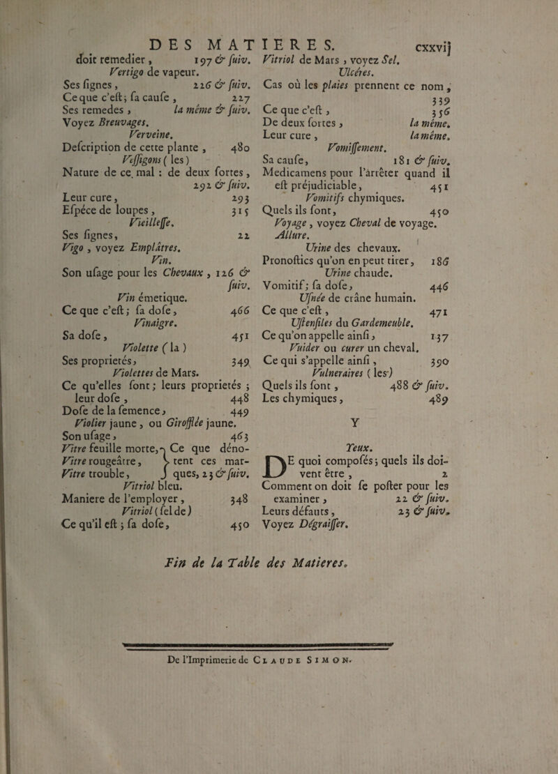 DES MATIERES. cxxvij doit remedier, 197 & fuiv. Vitriol de Mars , voyez Sel. Vertigo de vapeur. Ulcères. Ses fignes, zi6 & fuiv. Cas où les plaies prennent ce nom , Ce que c’eft; fa caufe , 217 Ses remedes , la même & fuiv. Ce que c’eft , Voyez Breuvages. Verveine. Defcription de cette plante , 480 VtJJigons ( les ) 339 / ■55 la meme. la même, De deux fortes, Leur cure , Vomiffement. Sa caufe, 181 & fuiv. 22 Nature de ce. mal : de deux fortes, Medicamens pour l’arrêter quand il zyz&fuiv. eft préjudiciable, 451 293 Vomitifs chymiques. 31 ç Quels ils font, 450 Voyage , voyez Cheval de voyage. Allure. Urine des chevaux. Pronoftics qu’on en peut tirer, 186 Urine chaude. fuiv. Vomitif; fa dofe, 446 Ufne'e de crâne humain. 466 Ce que c’eft , 471 Uflenfiles du Gardemeuble. 451 Ce qu’on appelle ainfi j 137 Vuider on curer un cheval. 345* Ce qui s’appelle ainfi , 390 Vulnéraires ( les ) 488 & fuiv. 4 89 Leur cure, Efpéce de loupes, Vieillejfe. Ses fignes, Vigo , voyez Emplâtres. Vin. Son ufage pour les Chevaux , 126 & Vin émetique. Ce que c’eft ; fa dofe, Vinaigre. Sa dofe, Violette ( la ) Ses propriétés. Violettes de Mars. Ce qu’elles font ; leurs propriétés ; Quels ils font, leur dofe , 448 Les chymiques , Dofe de la femence, 449 Violier jaune , ou Girofflée jaune. Son ufage, 463 Vitre feuille morte,q Ce que déno- Vitre rougeâtre, V tent ces mar¬ otte trouble, J ques, 23^ fuiv. Vitriol bleu. Maniéré de l’employer , 348 Vitriol ( felde) Ce qu’il eft ; fa dofe, 450 Voyez De'graijfer. / Fin de la Table des Matieres0 Teux. DE quoi compofés ; quels ils doi¬ vent être , 2 Comment on doit fe porter pour les examiner , iz & fuiv. Leurs défauts , 23 & fuiv, De l’Imprimerie de Claude Simon.