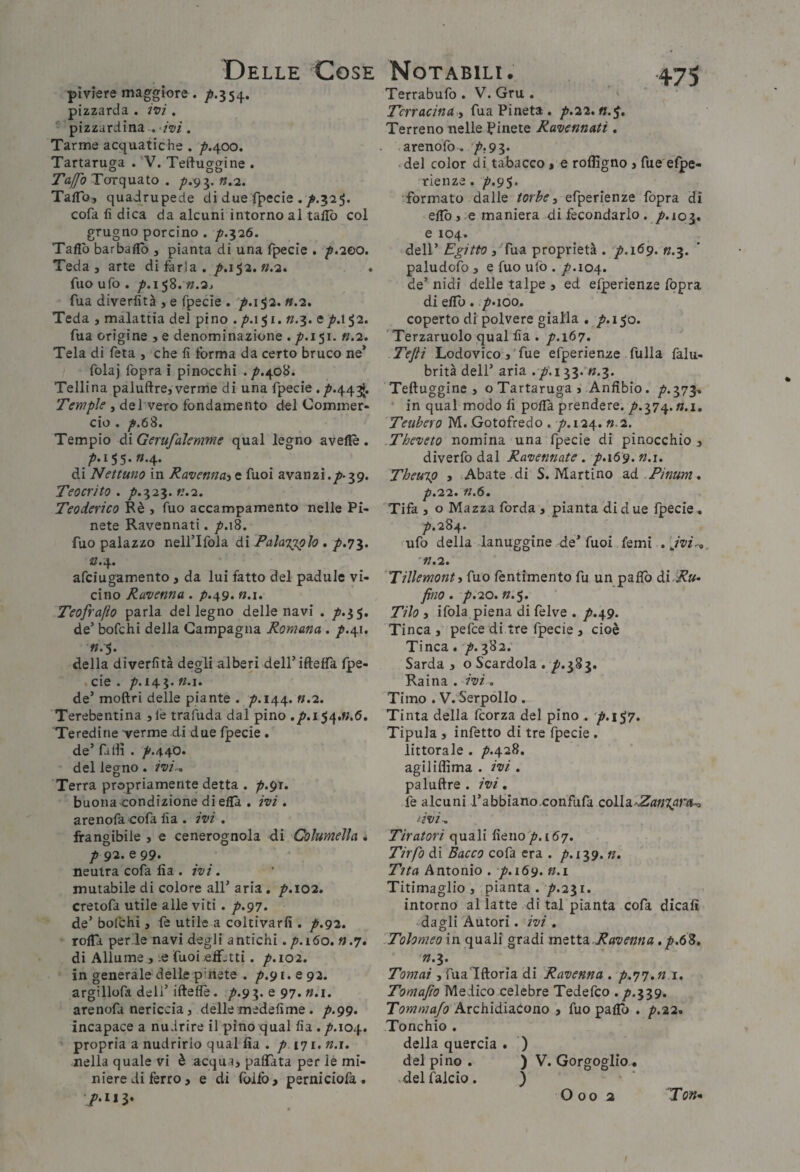 piviere maggiore. j&.354. pizzarda . wi. - pizzardina .-m . Tarme acquatiche . p./\.oo. Tartaruga . 'V. Teftuggine . Torquato . p.g^. «.2. TafTo, quadrupede di due fpecie ,/.325. cofa lì dica da alcuni intorno al tallò col grugno porcino . p.^'3.6. Taflb barballò , pianta di una fpecie . p.2GO. Teda , arte di farla . /.152. «.2. fuO ufo . />.I58. «.2j fua diverlìtà , e fpecie . /.152. «.2, Teda , malattia del pino .p.\^i. «.3. epÀ$2. fua origine > e denominazione , p.1^1. «.2. Tela di feta , che lì forma da certo bruco ne’ folaj fopra ì pinocchi . p.é^o'ò. Tellina paluftre, verme di una fpecie .^.44^, Tempie , del vero fondamento del Commer¬ cio . ^.68. Tempio àìGerufaìemme qual legno aveflè. di Nettuno in Ravenna^ e fuoi avanzi./»-39. Teocrito . /.323. n.i, Teoderico Rè , fuo accampamento nelle Pi¬ nete Ravennati. /.18. fuo palazzo neH’Ifola à\ Palatalo * p.7%. 2^.4. afciugamento, da lui fatto del padule vi¬ cino Ravenna . /».49. n.\. Teofrafto parla del legno delle navi . /.35. de’ bofchi della Campagna Romana . /.41. «.5. della diverlìtà degli alberi deiriftelfa Ipe- ,eie . /’.i45- n.\, de’ moftri delle piante . /».I44. «.2. Terebentina jlè trafuda dal pino ,p.i^/\,n.6. Teredine verme di due fpecie. de’ filli . /.44O. del legno. m.. Terra propriamente detta . p.^\. buona-condizione di ella , ivi . arenofa cofa lìa . ivi . frangibile , e cenerognola di Columeìla . p 92. e 99. neutra cofa lìa . ivi. mutabile di colore all’ aria, p.102, cretofa utile alle viti. p.97. de’ bofchi, fe utile a coltivarli. p.g2. rolTa perle navi degli antichi ./.160. «.7. di Allume j .e fuoi elF-tti. p.102. in generale delle pinete . ^.91. e 92. argillofa deli’ ifteflè. ’p-g^. e 97. n.i. arenofa nericcia, delle medelìme . p.gg. incapace a nuirire il pino qual lìa ./.104. propria a nudririo qual lìa . p 171, n.i. nella quale vi è acqua, paflTata per le mi¬ niere di ferro , e di foifo> perniciofa. /.Il 3. Terrabufo . V. Gru . » TcrracinU i fua Pineta . p.22,n.^. Terreno nelle Pinete Ravennati . arenofo, ’/’;93* .del color di tabacco, e rofligno , fue efpe- rienze. p.g^. formato dalle torbe, efperienze fopra di -eHb > e maniera di fecondarlo . /.Ì03. e 104. dell’ Egitto 3 fua proprietà . p.i6g. «.3. paludofo 3 e fuo ufo ./.104. de’ nidi delle talpe , ed elperienze fopra di elio. p>ioo. coperto di polvere gialla , /.150. 'Terzaruolo qual lìa . p.167. Tefti Lodovicofue efperienze fulla falu- brità deli’ aria ./.i 33.*«.3. Teftuggine, ©Tartaruga, Anfibio. /».373-. in qual modo lì polla prendere. ^.374. «.i. Teubero M. Gotofredo . '/.124. «.2. .Theveto nomina una fpecie di pinocchio , diverfo dal Ravennate . p.iàg.n.i. Theuip 3 Abate .di S. Martino z-d Tinum. p.22. n.6. Tifa , o Mazza forda , pianta di due fpecie, /». 284. ufo della lanuggine de’fuoi femi .Jvi.^, 'n.2. 'Tillemonty fuo fentimento fu un paflò di Ru¬ bino . p.20. n.^. Tilo 3 ifola piena di felve . /.49. Tinca , pefee di tre fpecie , cioè Tinca. '/». 382. Sarda, o Scardola ./».38 3. Raina . ivi. Timo . V. Serpollo . Tinta della feorza del pino . 'p.l$7. Tipula , infetto di tre fpecie. littorale . /».428. agiliflima . ivi . paluftre . ivi, fe alcuni l’abbiano,confufa coìl3i-Zan%ara-o nvi^ Tiratori quali fieno /». 167. Tirfo di Bacco cofa era . /.139. n. Ttta Antonio . p.i6g. n.i Titimaglio , pianta . /.231. intorno aliatte di tal pianta cofa dicali dagli Autori. ivi, Tolomeo in quali gradi mtXX^.Ravenna, p.6Z, 72.3. Tomai 3 fua'lftoria di Ravenna . p.^7.n Tomajio Medico celebre Tedefeo • p.i'^g, TiJwwtìf/i? Archidiaèono , fuo paflò . p.22. Tonchio , della quercia . ) del pino . ) V. Gorgoglio , .del falcio. )