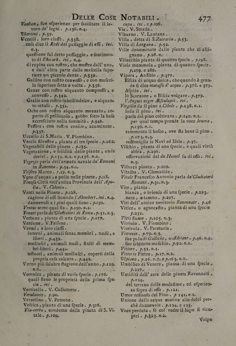 Vauhan , fue efperienze per facilitare il la¬ voro de’ legni. «.4. Vbertini. p-l9- Uccelli. loro dalle . cofa dice il ^edi del paffàggio di eflì. ivt. «.3. queftione fui detto paflàggio > e fentimen- toà\ Ehniark. mi» «.4. di rapina con roftro, che moftra dall’ una, e dall’ altra parte della mafcella fupe- riore un piccolo dente . ^.3.39. Galline con roftro conveflò, e con mafcei- la fuperiore fatta a volta . Gazze con roftro alquanto comprellò ,. e conveflò. /’.342. Gralle con roftro fabciliiidrico , e alquan^. to ottufo. /’.35 i. Oche con roftro alquanta mozzato, co¬ perto di pelliccola , gobbo fotto la bafe accrefciuto nella fommità . /».346. Paflère j con roftro conico » acuminato . P-IS7- Uccello di S.Maria . V.Piombino. Veccia filvcftre , pianta di tre fpecie .p.'iSi» Vegetabili delle pinete . /’.i35. Vegetazione , e folidità delle piante , onde derivi. «.i. e/1.156. «.-i. Vegeijo parla dell’armata navale Romani in Ravenna. ^.34..«.j.. Velfero Marco . /'.19. «.3. V^^ne d’acqua , e polle nelle pinete. p.ii^> Venofa Città neU’antica Provincia dell’ Apu- Ha » V. Colonia » Venti nelle Pinete . cagione di eflì fecondo VAlemhert » ivi. «.4» dannevoli a i pini quali fieno . p»\^o. Ventus urens qual fia . p.\$o. n. i- Yenuti paria Gladiatori di Roma. />. 31. «.3. Verbena , pianta di una fpecie . p.i77'. Verdone. V.Frifone. Vermi, e loro claflì. interni, animali fenza membri, nudi', e liberi.. /?.439* mollufci, animali nudi, finiti di mem¬ bri liberi. /'►44U teftacei, animali mollufci, coperti della propria cafa calcara . p.\j^‘2. Verno più falubre ftagione deil’anno. n.6». Veronica , pianta dì varie fpecie . p.\^6, quali fieno le proprietà della prima fpe¬ cie ivi. Verticella .. V. Collotorto .. Verulamio. p.90» Verzelino . V. Petrone . Vefcica , pianta dì una fpecie . p.^\6. Yia-cerba , condotto della pineta di S. Vi¬ tale . ^.109* cupa . ivi. e pAOS»- Via . V. Strada . Viburno . V. Lantana . Villa , detta di S.Zaccaria , p.^l» Villa di Longana. p.^'i- Ville denominate dalle piante che ci allìW gnano. p.o.S.n. Vilucchio pianta di quattro fpecie . p.\9%. Viola mammola , pianta di quattro fpecie. p.i'jg. e 280. Vipera, Anfibio, p.yj’j. Eifcia di acqua dolce, che quando è gran¬ de fi dice marajfo d' acqua . p»i7^- c 379»- Afpide . ivi » lo Scorzone , o Bifcia volgare. p.^jo- VAnguit niger M.Jculapii. ivi. ’ Virgilio da il pino z. Cibele » /?.i 38. «.!► loda il pino . ivi » parla del pino coltivaro . /'.140. «.r. per qual tempo prende la voce bituma pìi^O. n.i. rammenta il bofeo, ove fta bene il pino . p.\7 y» «,3- raflbmiglia le Navi ad Ifole . p-yi» Vifchio , pianta di una fpecie, e quali virtù, abbia . p.^gà. offèrvazioni del du Hamel fa di ellò.- ivi «.3. Vifnaca pianta. p.'iog. Vitalba . V. Clematide . Vitale Francefco Antonio parla àt'Gladiatori Romani »p.:^\.M»y» Vite, pianta. bianca , o brionia di una fpecie . /.293. nera , otamno. p-'i91- Viti dell’ antico territorio Ravennate , p.^6 Vitice, o agnocafto, pianta di una fpecie: /..251. Vitis fiume . Vitriolo . V. Piombino . Vitrivola. V. Paretarìa Vitruvio. p.l9>n.%. fue paludi Galliche y o'Adriane. p.i\6. , fuo fahbione mafchio. p.9'ì* «-i- Vittore . 51. I. Vittorio V\tUo . p.\7.n.i„ Vlpiano , p.\6. n.j. ep.ióy. fuv. Umbilico di Venere , pianta di una fpecie .- p.'i'i7» Umidità dell’aere delle pinete Ravennati /».I24. del terreno delle medèfime , ed efpcrien* za fopra di efta . p.i'ii. Umor refinofo del Pino . i4i,«-2. Unione delle acque marine alle dolci per¬ chè dannevole . p.ii^. e 125. Voce perduta, fe col veder il lupo fi ricui* peri . p»V?‘Z’