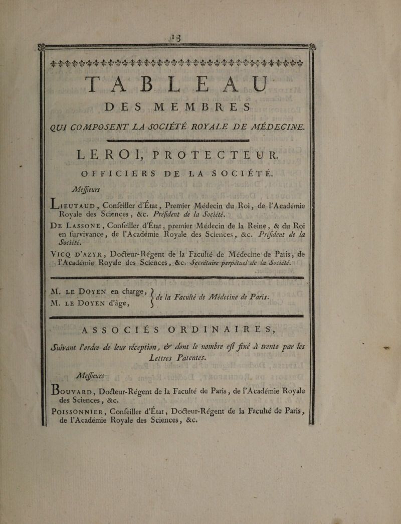 3 «jf? <$> âfr ^ •%? «$? «$> $ $ <$> ^ ^ ^ ^ '$ ^ fy'fy $ $ $? 'ij? ^ ^ T A B L EAU DES MEMBRES QUI COMPOSENT LA SOCIÉTÉ ROYALE DE MÉDECINE. LEROI, PROTECTEUR, OFFICIERS DE LA SOCIÉTÉ. Mejfieurs Lieutaud , Confeiller d’Etat, Premier Médecin du Roi, de l'Academie Royale des Sciences, &c. Préfident de la Société. De Lassone , Confeiller d’Etat, premier Médecin de la Reine, & du Roi en furvivance, de l’Académie Royale des Sciences, &c. Préfident de la Société. VlCÇ) d’azyr , Doéleur-Régent de la Faculté de Médecine de Paris, de l’Académie Royale des Sciences, &c. Secrétaire perpétuel de la Société. M. LE DOYEN en charge, M. le Doyen d’âge, de la Faculté de Médecine de Paris. ASSOCIÉS ORDINAIRES, Suivant l’ordre de leur réception, & dont le nombre efl fixé à trente par les Lettres Patentes. **• r i 7 ' . ^ ■ • . * ' MeJJieurs Bouvard, Doéteur-Régent de la Faculté de Paris, de l’Académie Royale des Sciences, &c. Poissonnier, Confeiller d’État, Doéteur-Régent de la Faculté de Paris, de l’Académie Royale des Sciences, &c.