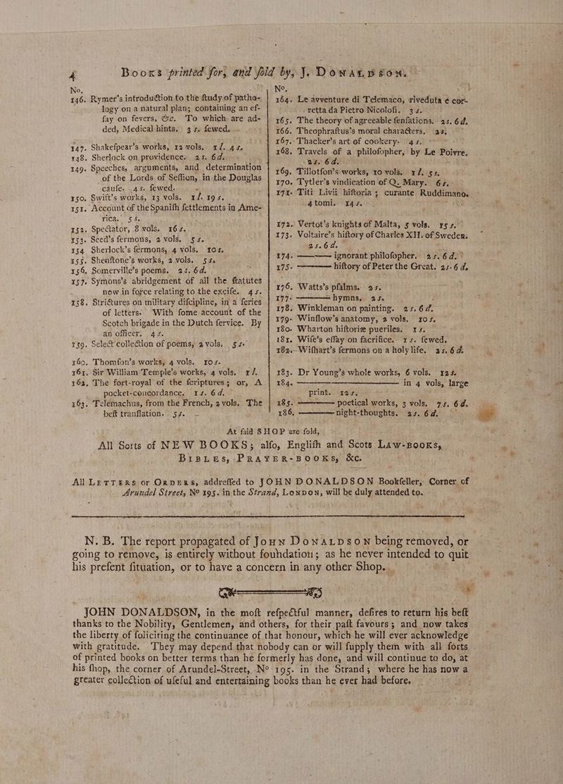 logy on a natural plan; containing an ef- ded, Medical hints, 3 5. fewed. 147. Shakefpear’s works, 12vols, 1/. 44, 148. Sherlock on providence. 25. 6d. 149. Speeches, arguments, and determination of the Lords of Seffion, in the Douglas caufe. 4s. fewed. . : 150. Swift’s works, 13 vols. 4/195. 151. Account of the apanith fettlements in Ame- Fees. Ske 152. Spectator, 8 vols. 165. 133. Seed’s fermons, 2 vols. 5s. 154 Sherlock’s fermons, 4 vols. 105. t5§. Shenftone’s works, 2 vols. 54. 156 Somerville’s poems. 25. 6d. 157, Symons’s abridgement of all the ftatutes now in foyce relating to the excife. 45. 158. Stri€tures on military difcipline, in a feries of letters. With fome account of the Scotch brigade in the Dutch fervice. By an officer, 4 ¢. 13g. Selec coll ection of poems avols. 54 160. Thomfon’s works, 4 oie. IOs. x64. Sir William Temple’s works, 4 vols. x/. 462, The fort-royal of the fcriptures; or, A pocket-concordance. 1s. 6d, 163. Telemachus, from the French, 2 vols. The beft tranflation. 5s. - 65. 166. 167, 168, 169. 170. Iq: I7z. 173. 174. B75 176, 177: 178. 179° 180- 181. 18%. 183. 184. 185. retta da Pietro Nicolofi. 3s. The theory of agreeable fenfations. 2s. 6d, Theophraftus’s moral chara@ters. 28, — Travels of a a ga ws Le EURere: as. 6d. Tillotfon’s works, 10 vols. rJ. 55, ‘Tytler’s vindication of Q. Mary. 65.> 4tomi, 44s. Vertot’s knights of Malta, 5 vols, yey. Voltaire’s hiftory of Charles X11. of Sweden. 256d. : ——~—— ignorant philoraplie’, as.6d.° ——-—— hiftory of Peter the Great. 25-64, Watts’s pfalms. 95. ————= hymns, as. } Winkleman on painting. 25.64. Winflow’s anatomy, 2 vols. ros. Wharton hiftorie pueriles. rs. Wite’s effay on facrifice. xs. fewed. Withart’s fermons on a holy life. 25.6. Dr Young’s whole works, 6 vols. 125. —_——- — in 4 vols, large “print.. 125, ae ————- poetical works, 3 vols. 7s. 64. -night-thoughts. as. 6d. A