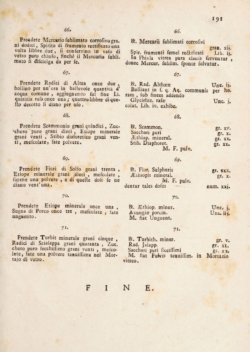 66» 66. i^r Prendete Mercurio fublimato corrofivo gra«, sii dodici, Spirito di frumento rettificato una volta libbre due , fi confervino in vaio di vetro puro chiùfo, finché il Mercurio fubli. maio fi difciolga da per fe. Mercuri! fublimati corrofivi gran. xi?. Spir. frumenti Temei re&ifìcati Lib. ij. In Phula vitrea pura ciauìa ferventur 9 donec Mercur. fublim. fponte fai vatur. 67. Prendete Radici di Altea once due , bollino per un’ora in baffevole quantità d’ acqua comune , aggiugnenco fui fine Li, quirizia rafaonce una; quattro libbre^ di que¬ llo decotto fi diano per ufo. Rad. Althseae Une. ij. Bulliant in f. q. Aq. communis per ho. ram , fub finem addendo Glycirhiz. rafx Unc. j. colat. Lib. iv. exhibe. 63. Prendete Scammonio grani quindici , Zuc¬ chero puro grani dieci , Etiope minerale grani venti , Stibio diaforetico grani ven¬ ti, mefcolatej fate polvere. 69. Prendete Fiori di Solfo grani trenta , Etiope minerale grani .dieci , mefcolate , fatene una polvere , e dì quelle doli fe ne diano vent’una. 70. Prendete Etiope minerale once una Sugna di Porco once tre , mefcolate 3 fate unguento. 7** Prendete Turbit minerale grani cinque , Radici di Scialappa grani quaranta , Zuc. chero puro fecchiilìmo grani venti , mefco¬ late, fate una polvere teauifftma nel Mor¬ taio di vetro» 68. fy- Scammon. gr. xv. Sacchari puri gr* x. fEthiop. minerai. gr. xx. Stib. Diaphoret. gr. xx. M. F. puh'. 69. ty. Fior. Sulphuris gr. xxx. Afìhiopis minerai. gr. x~ M. F. pulv. dentar tales dofés num. xxj. 70. Ethiop. miner. Unc> jt Axungìa? porun. Unc. iij. M. fìat Unguenta 71. Turbith. miner. gr, v. Rad. Jalapp. gr. xL. Sacchari puri ficciffìmi gr. xx. M. fìat Pufcas teauiffim. in Mortati© vitreo. FINE. e.