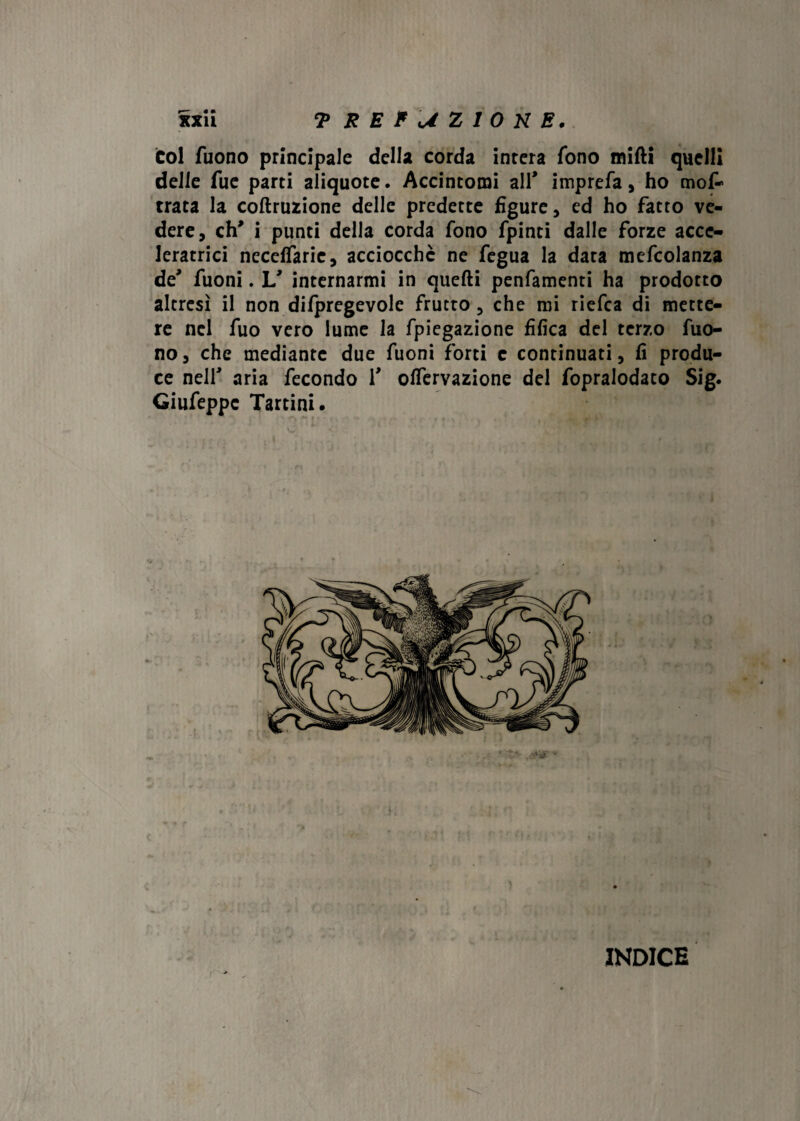 col fuono principale della corda intera fono mirti quelli delle fue parti aliquote. Accintomi all* imprefa, ho mof- trata la coftruzione delle predette figure, ed ho fatto ve¬ dere, eh* i punti della corda fono fpinti dalle forze acce- leratrici neceffaric, acciocché ne fegua la data mefcolanza de' fuoni. V internarmi in quelli penfamenti ha prodotto altresì il non difpregevole frutto, che mi riefea di mette¬ re nel fuo vero lume la fpiegazione tìfica del terzo Tuo¬ no, che mediante due fuoni forti c continuati, fi produ¬ ce nell' aria fecondo V olfervazione del fopralodato Sig. Giufeppc Tartini. INDICE