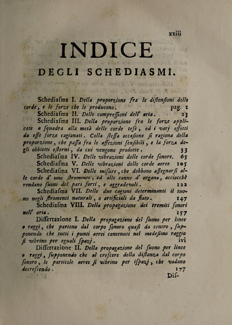 INDICE DEGLI SCHEDIASMI Schediafma I. Della proporzione fra le dì fi e nfoni delle corde, e le forze che le producono. pag. I Schediafma If. Delle comprejjtoni dell* aria. 23 Schediafma III. Della proporzione fra le forze appli¬ cate a /quadra alla meta delle corde tefe , ed i varj effetti da effe forze cagionati. Colla fleffa occafione fi ragiona della proporzione, che paffa fra le affezioni fenfibili, e la forza de- gU obbiettt efterni, da cui vengono prodotte . 3 3 Schediafma IV. Delle vibrazioni delle corde fonore. 6% Schediafma V. Delle vibrazioni delle corde aeree iej Schediafma VI. Delle mifure, che debbono ajfegnarfi al¬ le corde d’ uno flromento , ed alle canne d* organo, acciocché rendano fifoni del pari forti, e aggradevole . 122 Schediafma VII. Delle due cagioni determinanti il tuo¬ no negli ftromenti naturali, 0 artificiali da fiato. 147 Schediafma Vili. Della propagazione dei tremiti fonori nell3 aria. 137 DifTertazione I. Della propagazione del fuono per linee 0 raggi, che partono dal corpo /onoro quafi da centro 9 frap¬ ponendo che tutti i punti aerei contenuti nel medefimo raggio fi vibrino per eguali fpazj. ivi DifTertazione IL Della propagazione del fruono per linee 0 raggi 9 fupponendo che al ere fiere della diftanza dal corpo fonoro, le particole aeree fi vibrino per ifpazj > che vadano decrefrendo. ' i?7 Dif- /